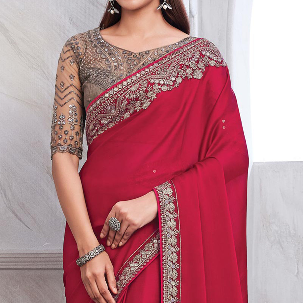 Pink Floral Sequins Embroidered Satin Saree