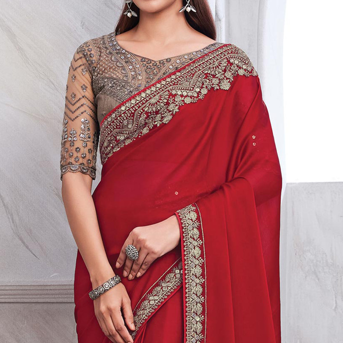 Red Floral Sequins Embroidered Satin Saree