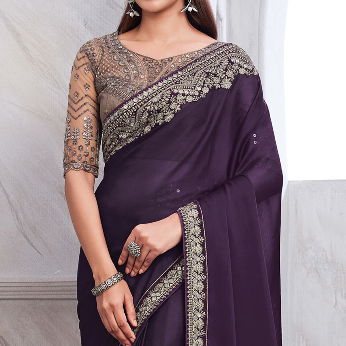 Purple Floral Sequins Embroidered Satin Saree