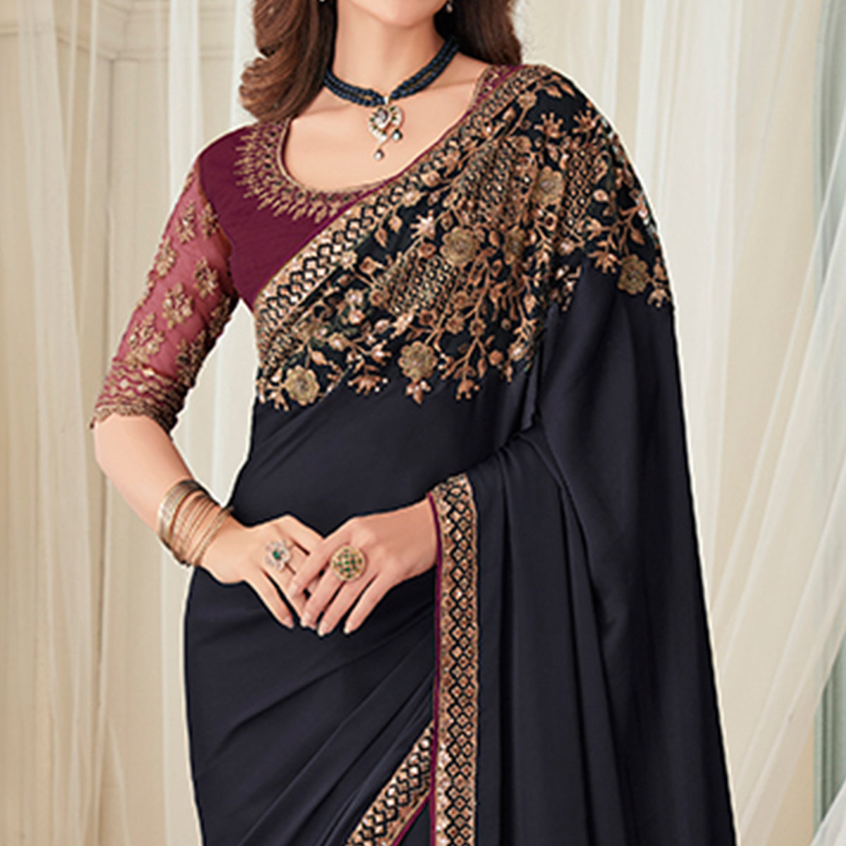 Black Floral Sequin Embroidered Crepe Saree
