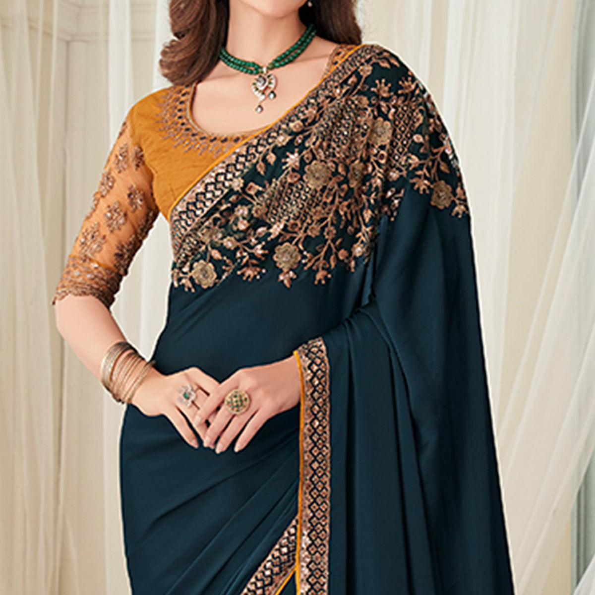 Teal Floral Sequin Embroidered Crepe Saree