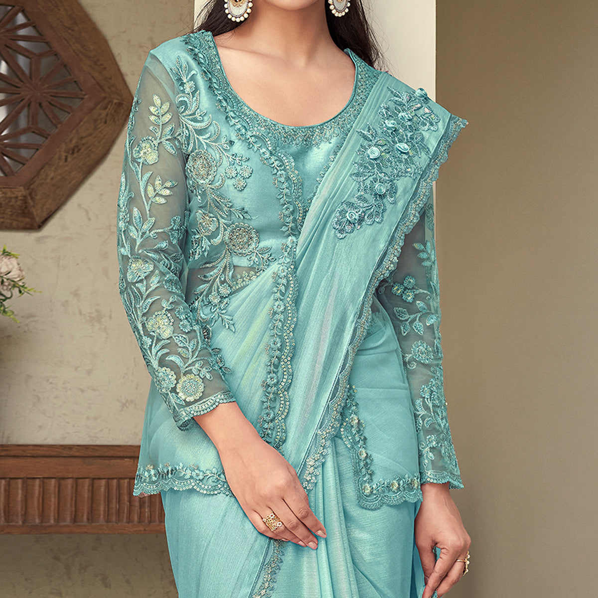Turquoise Sequins Embroidered Georgette Saree