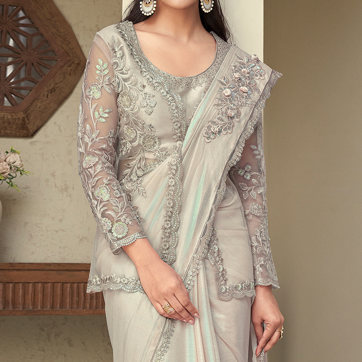 Beige Sequins Embroidered Georgette Saree
