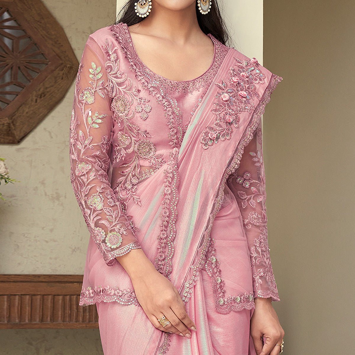 Peach Sequins Embroidered Georgette Saree