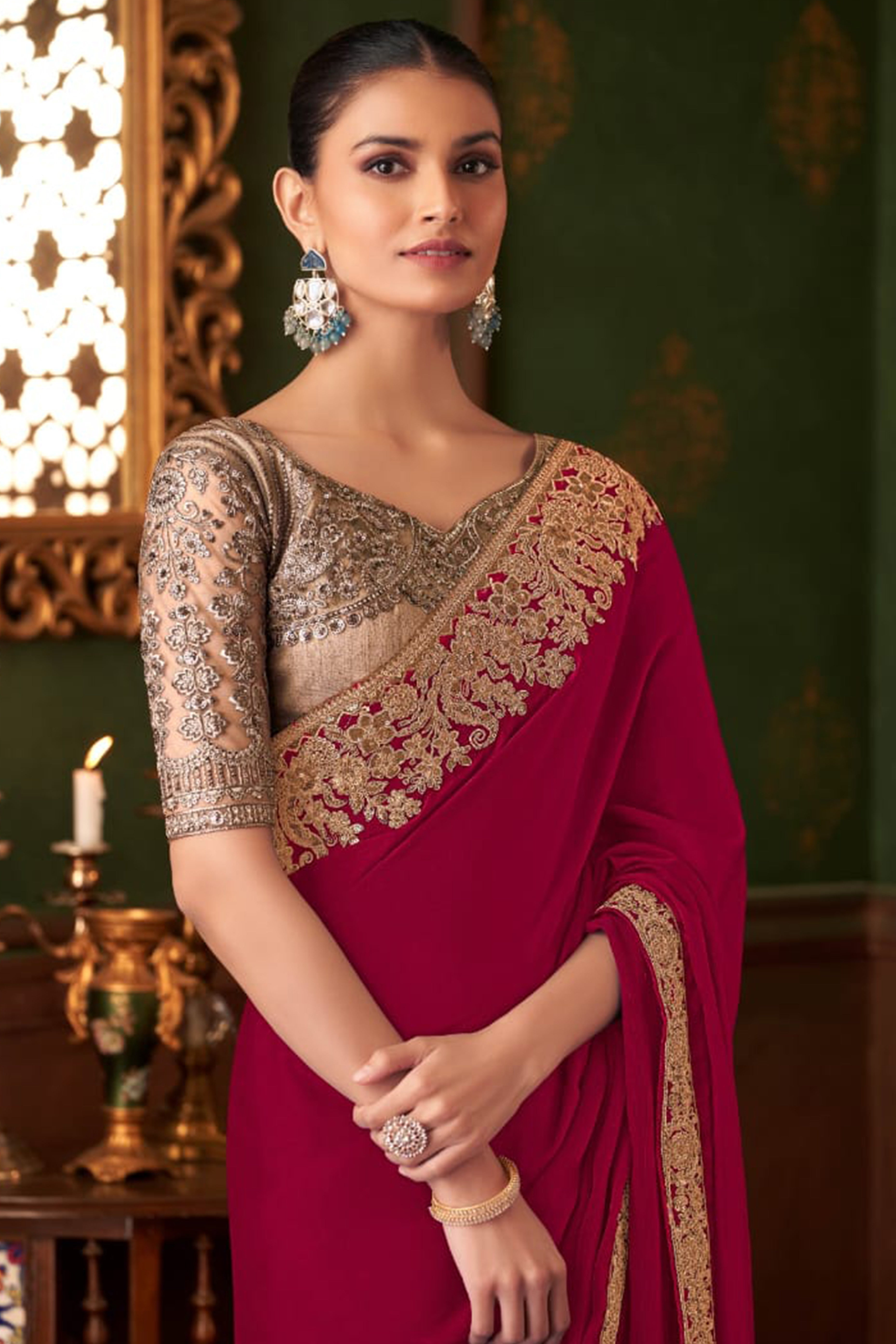 Graceful Maroon Chiffon Saree Showcasing Exquisite Floral Thread Embroidery & Sequins Work