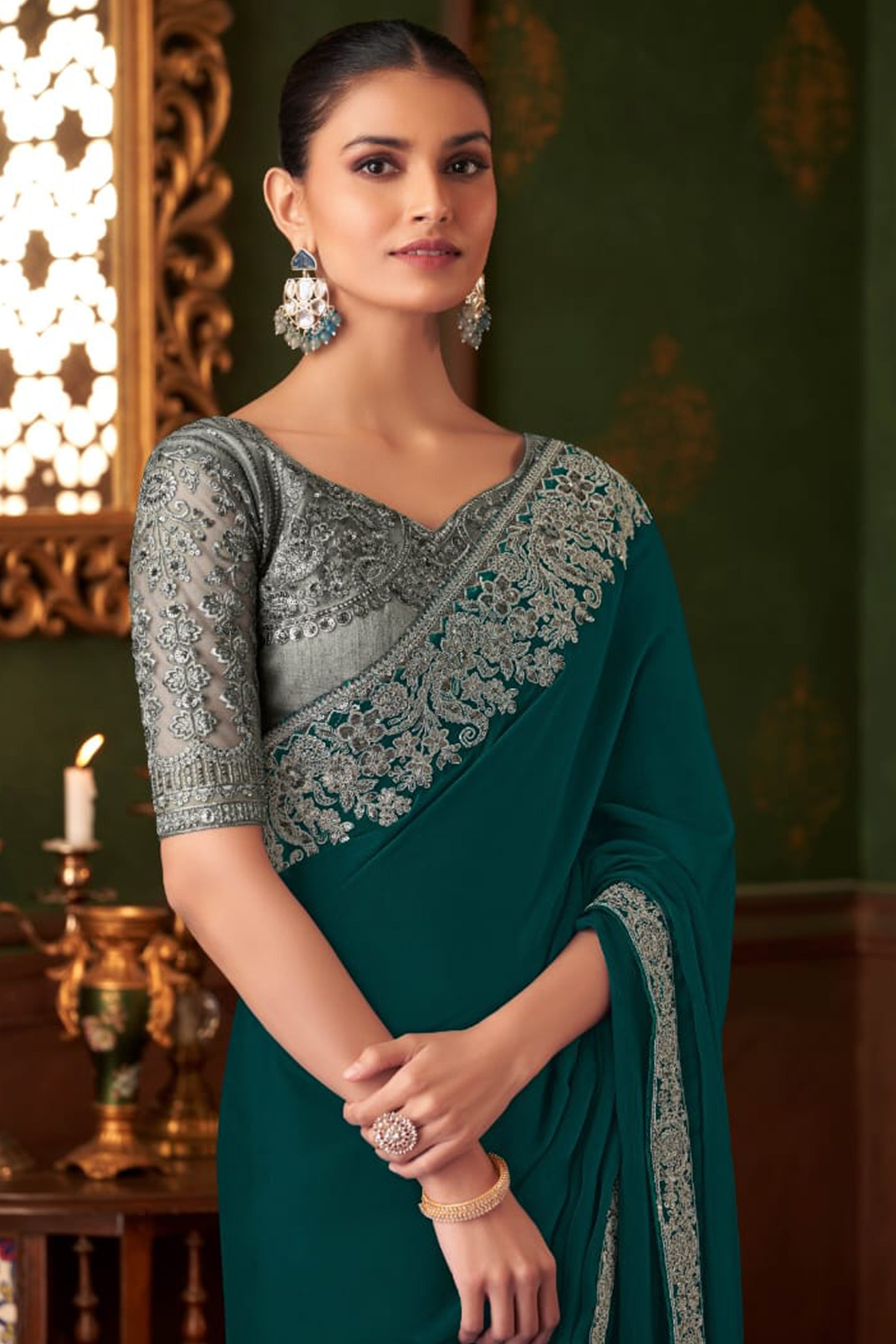 Graceful Dark Teal Green Chiffon Saree Showcasing Exquisite Floral Thread Embroidery & Sequins Work