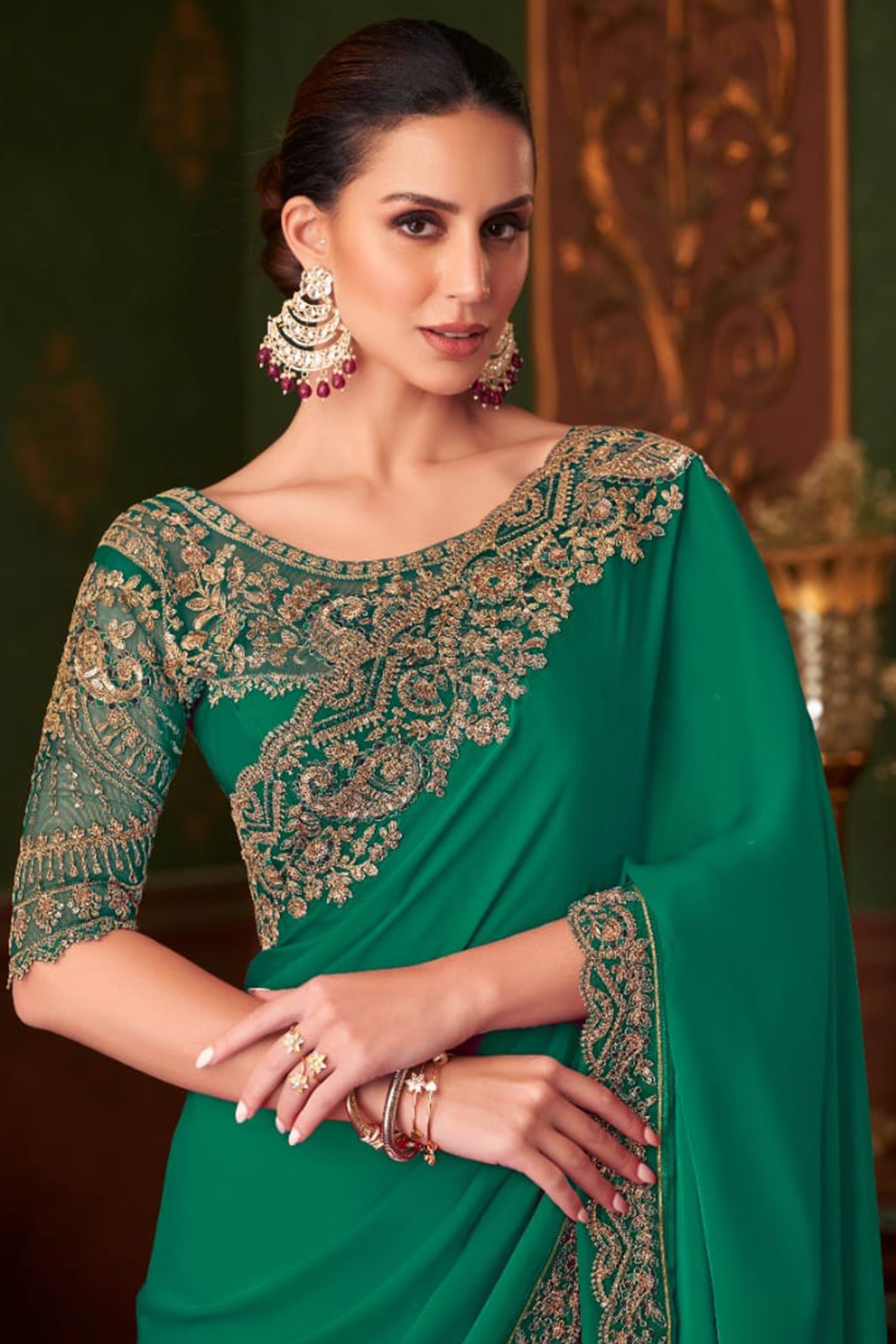 Charming Green Floral & Paisley Embroidered Chiffon Saree With Sparkling Sequins Detailing