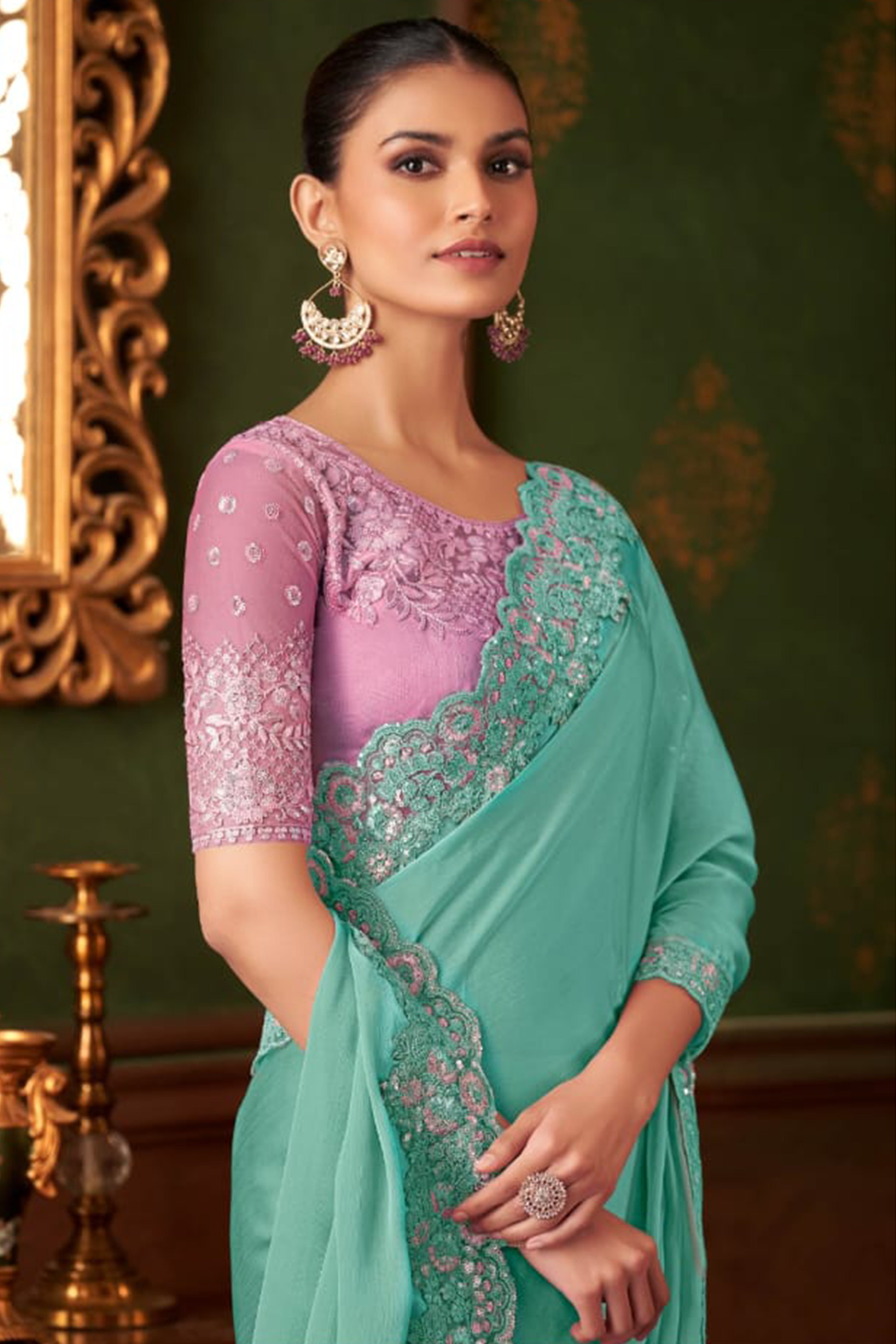 Elegant Turquoise Floral Thread Embroidered Chiffon Saree Featuring Sequins Accents