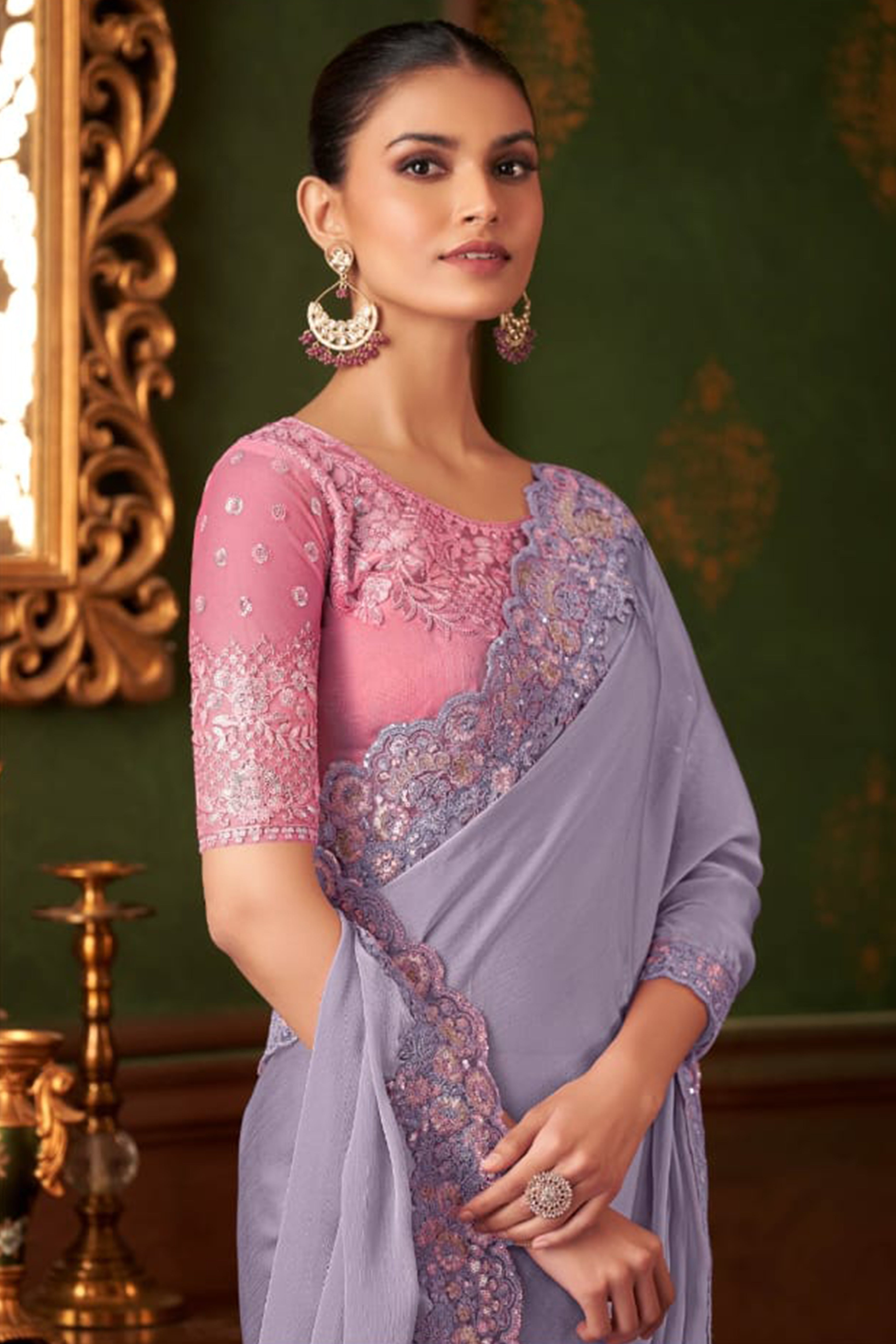 Elegant Lavender Floral Thread Embroidered Chiffon Saree Featuring Sequins Accents