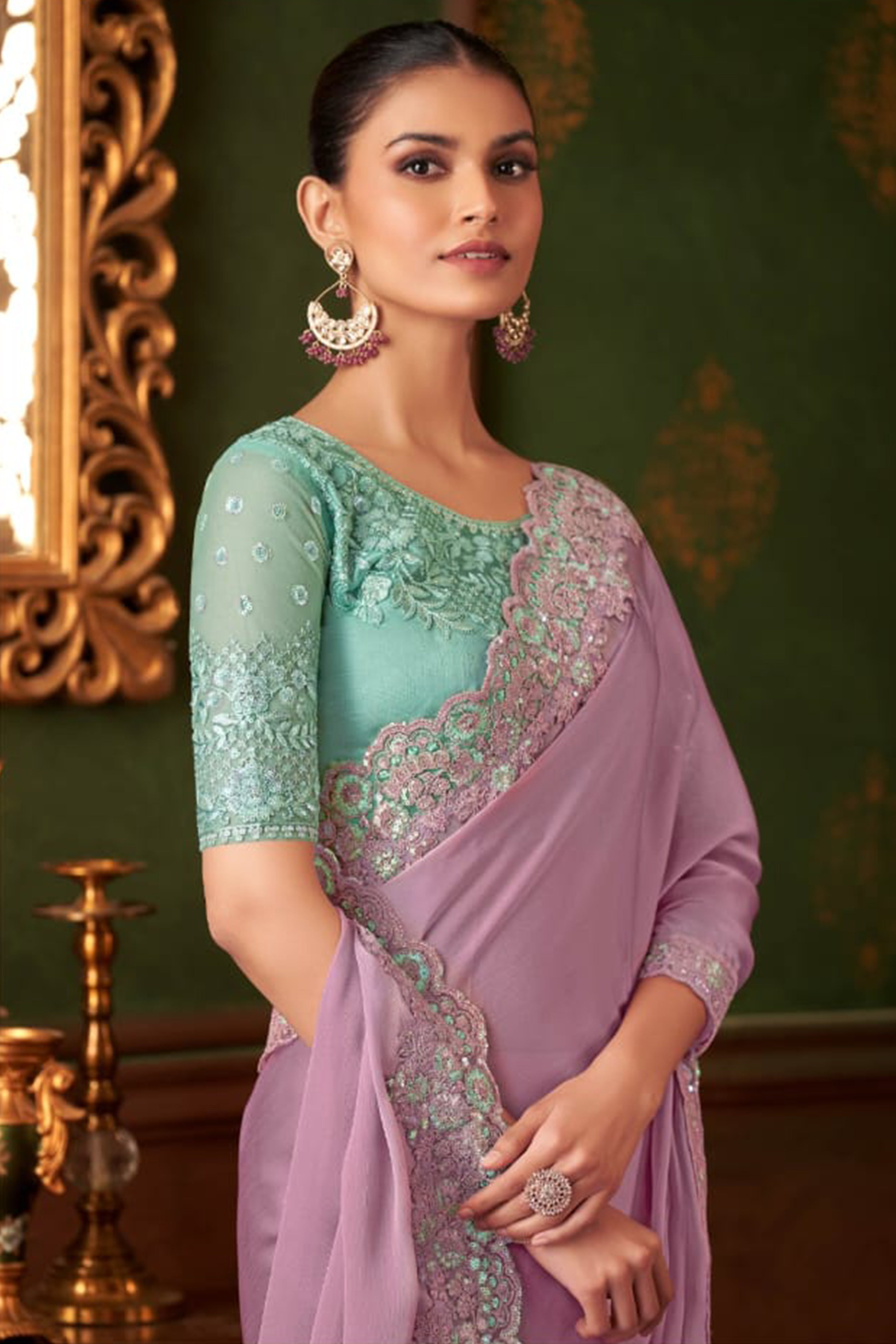 Elegant Mauve Floral Thread Embroidered Chiffon Saree Featuring Sequins Accents