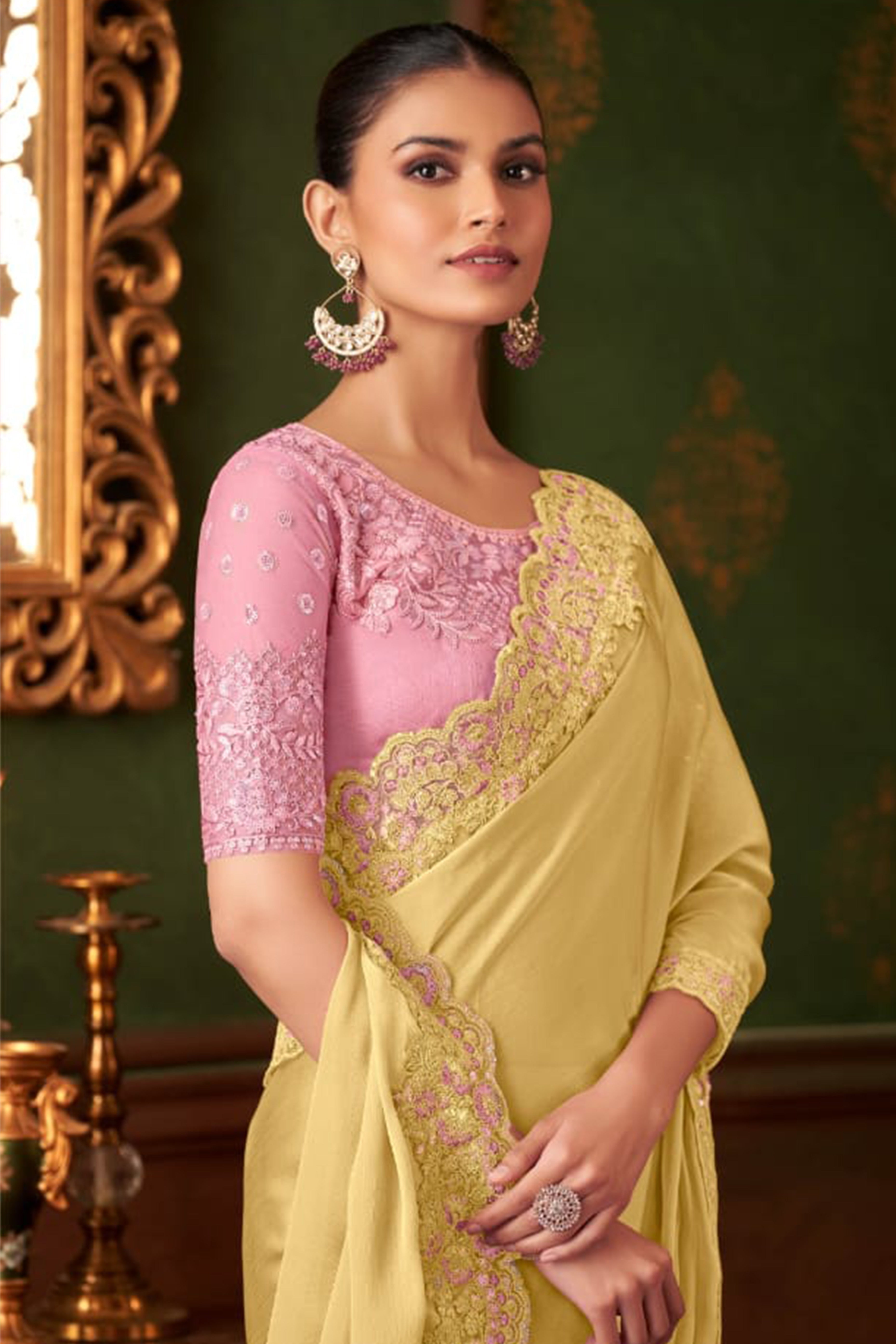 Elegant Yellow Floral Thread Embroidered Chiffon Saree Featuring Sequins Accents