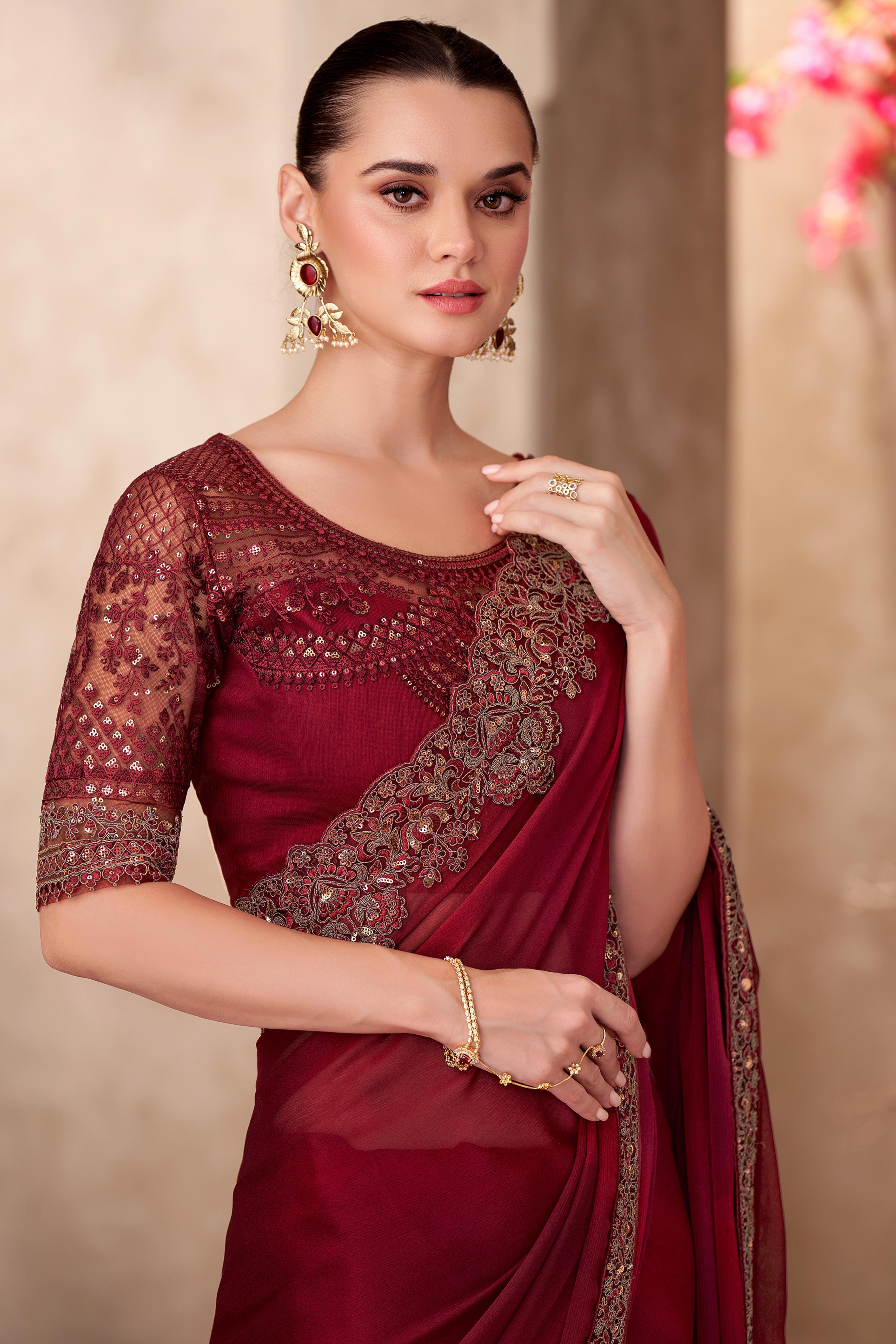 Party Perfect Maroon Chiffon Saree with Shimmering Sequin and Thread Embroidery