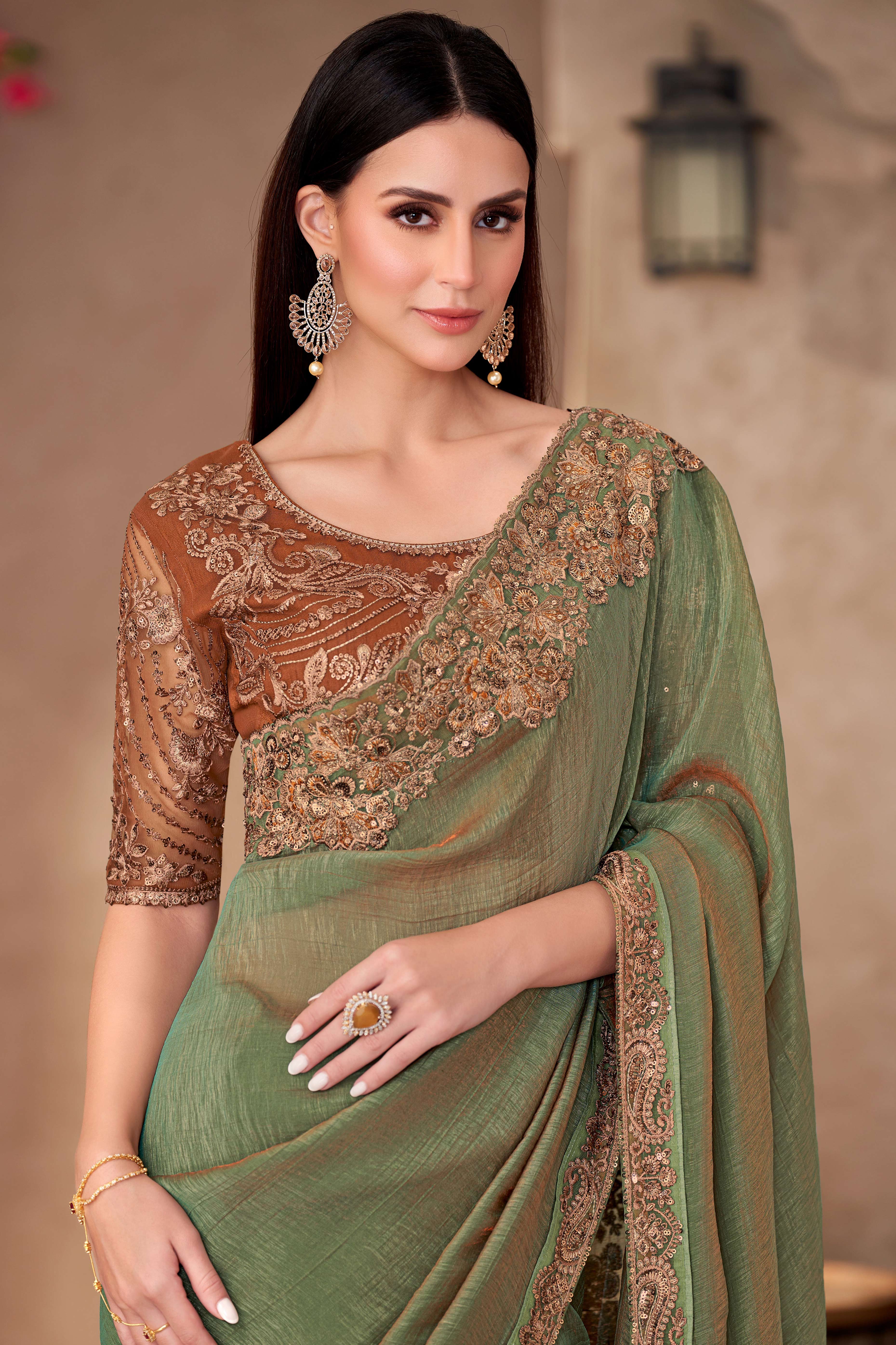 Party Perfect Pista Green Georgette Saree with Shimmering Sequin and Thread Embroidery