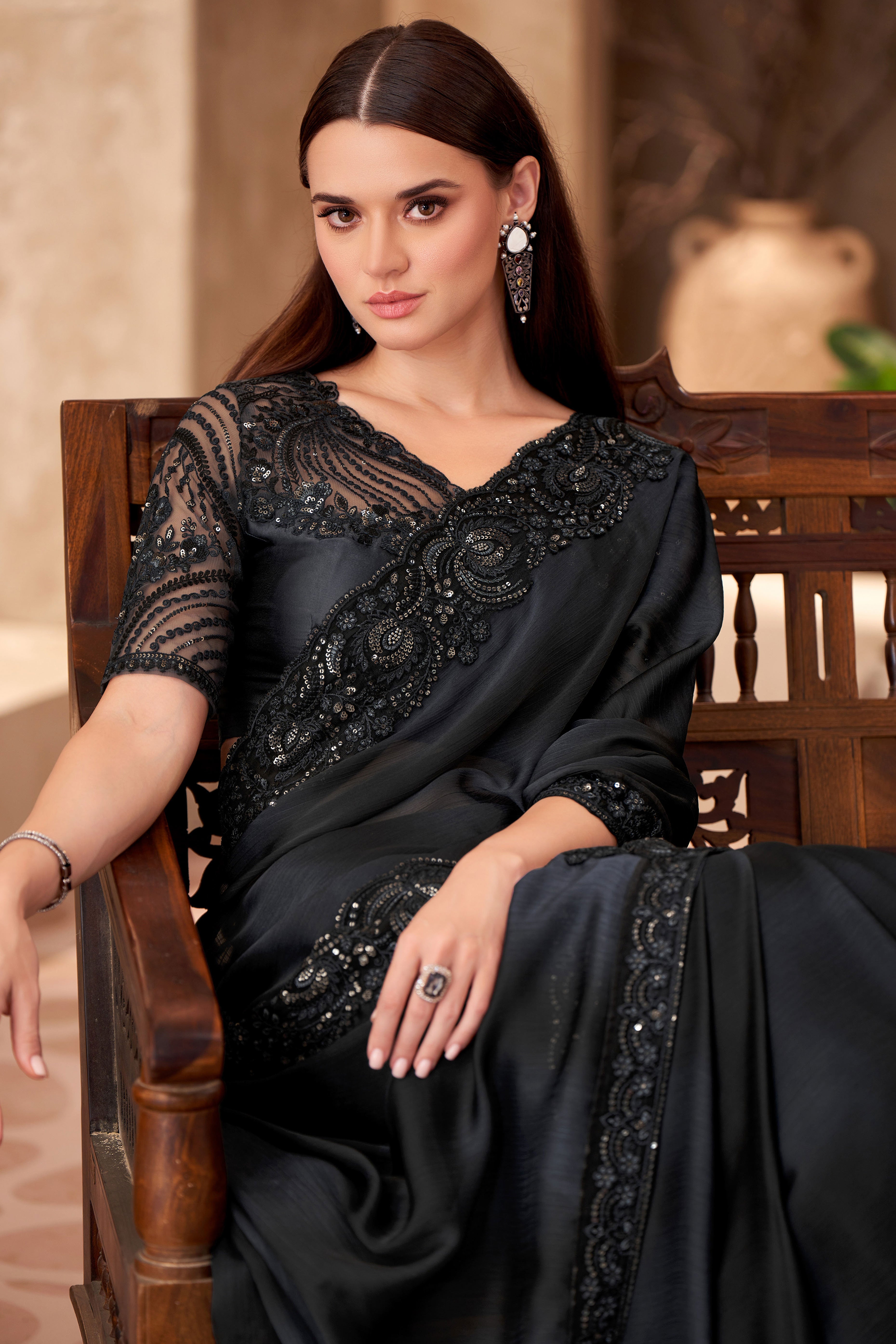 Party Perfect Black Chiffon Saree with Shimmering Sequin and Thread Embroidery
