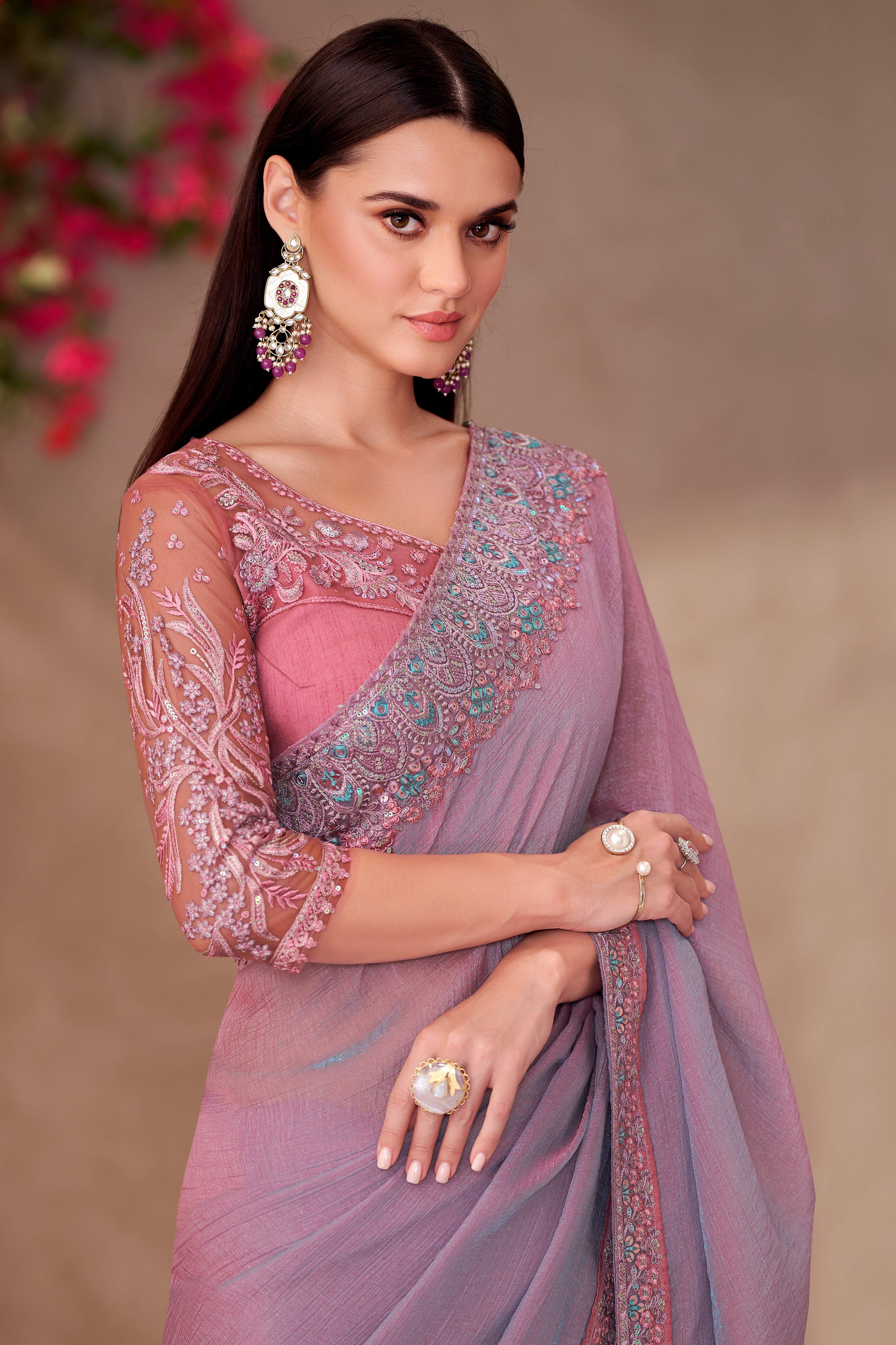 Party Perfect Lavender Georgette Saree with Shimmering Sequin and Thread Embroidery