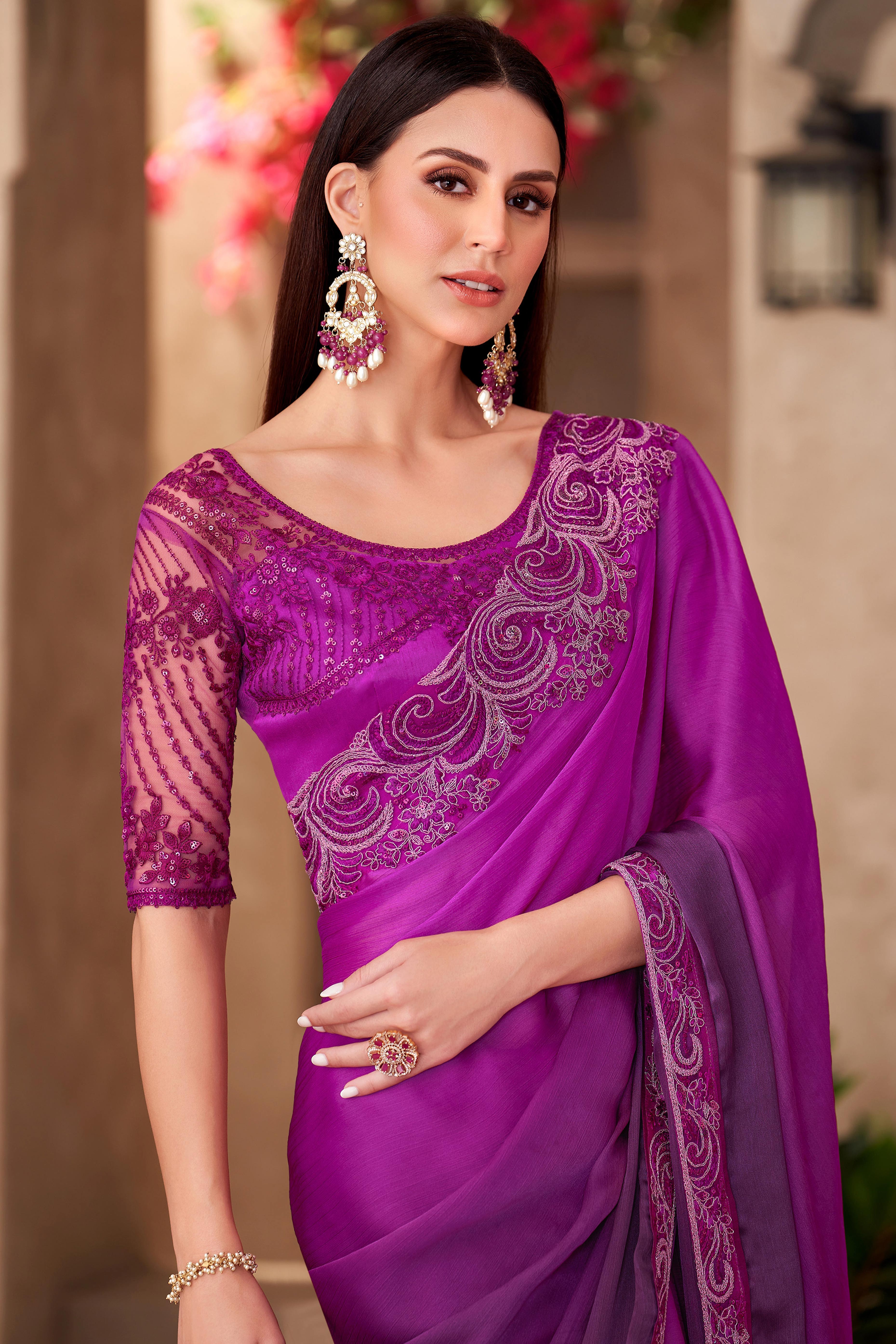 Party Perfect Magenta Chiffon Saree with Shimmering Sequin and Thread Embroidery