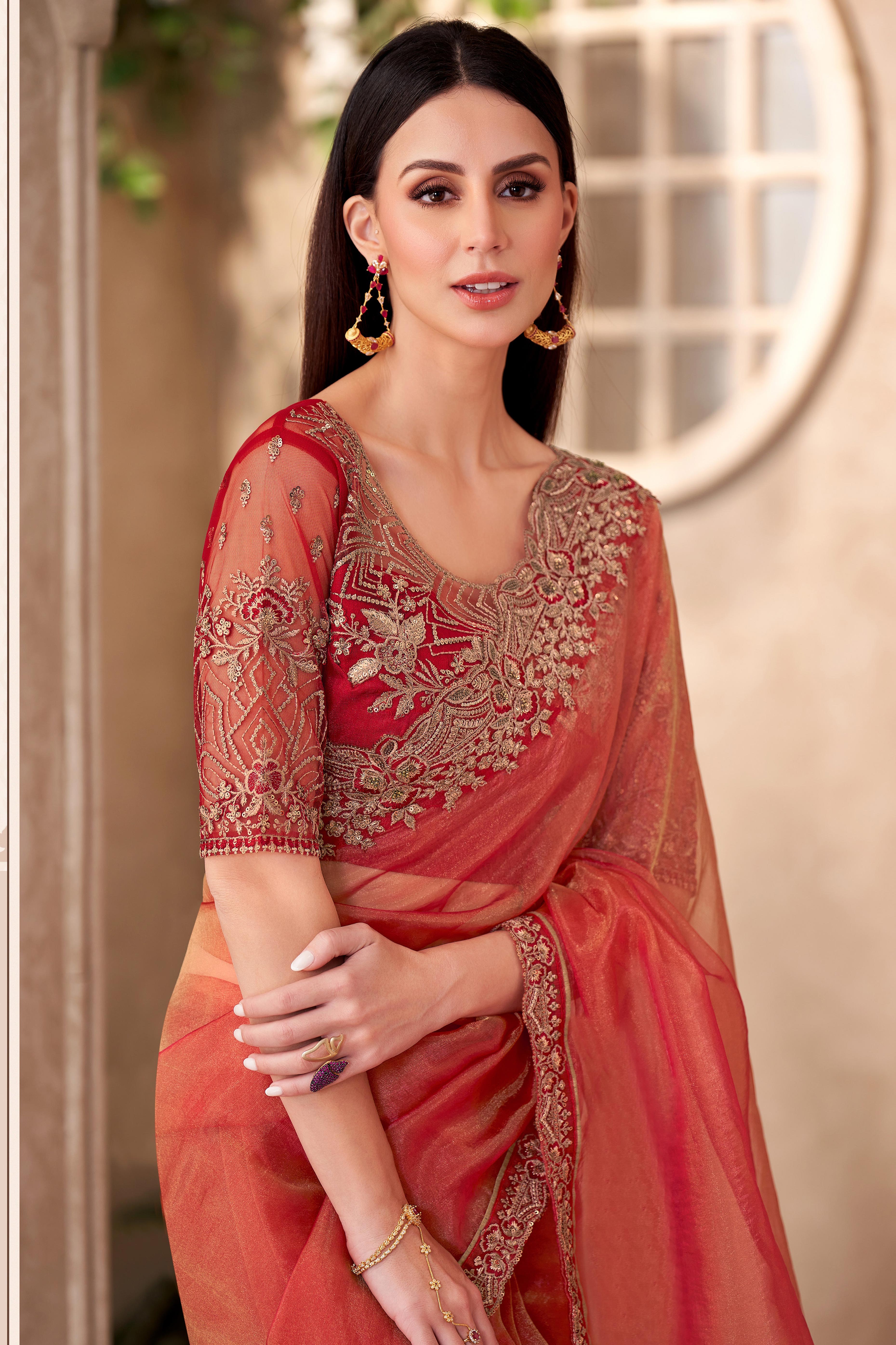Party Perfect Orange Tissue Saree with Shimmering Sequin and Thread Embroidery