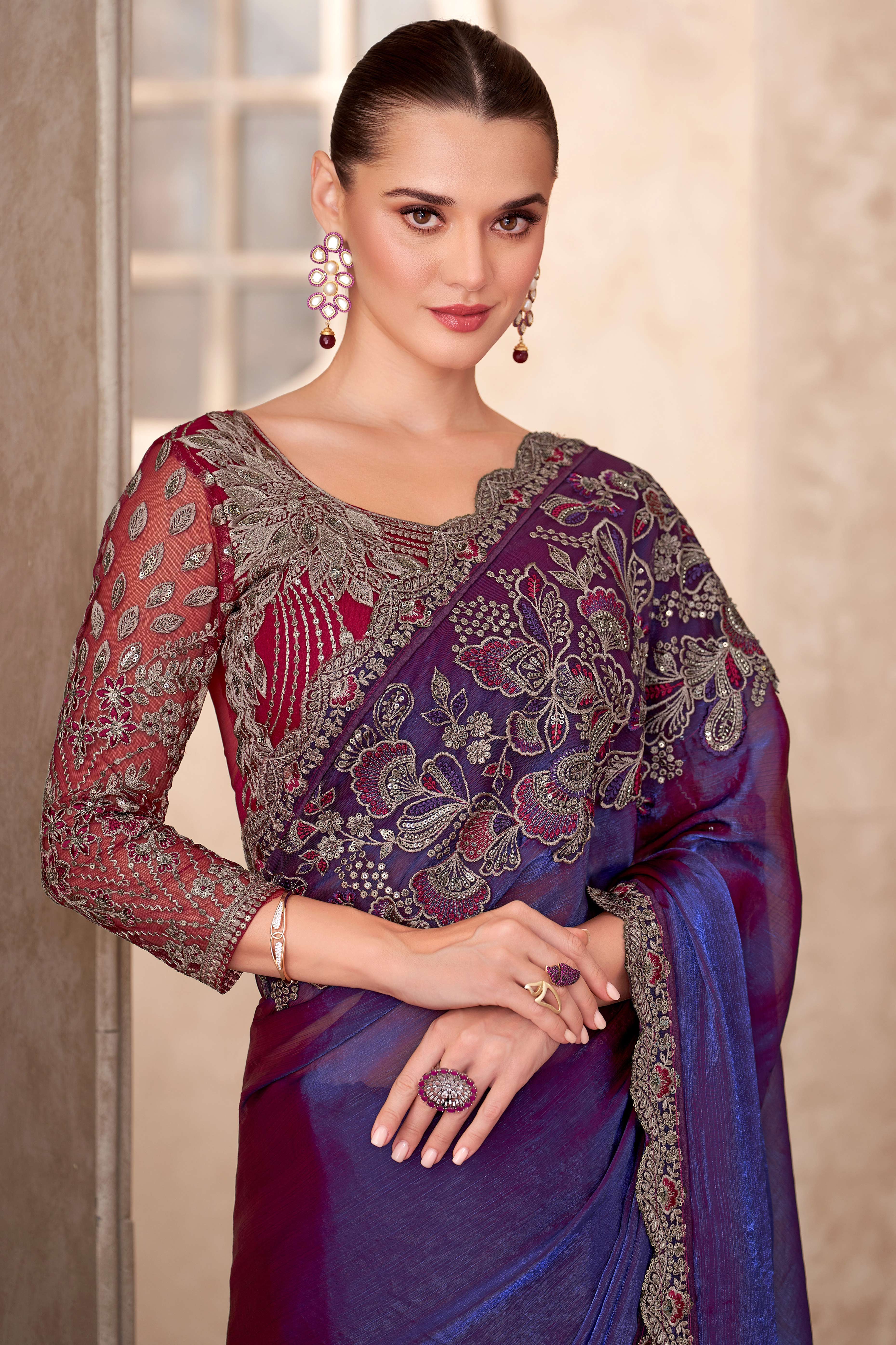 Party Perfect Violet Georgette Saree with Shimmering Sequin and Thread Embroidery