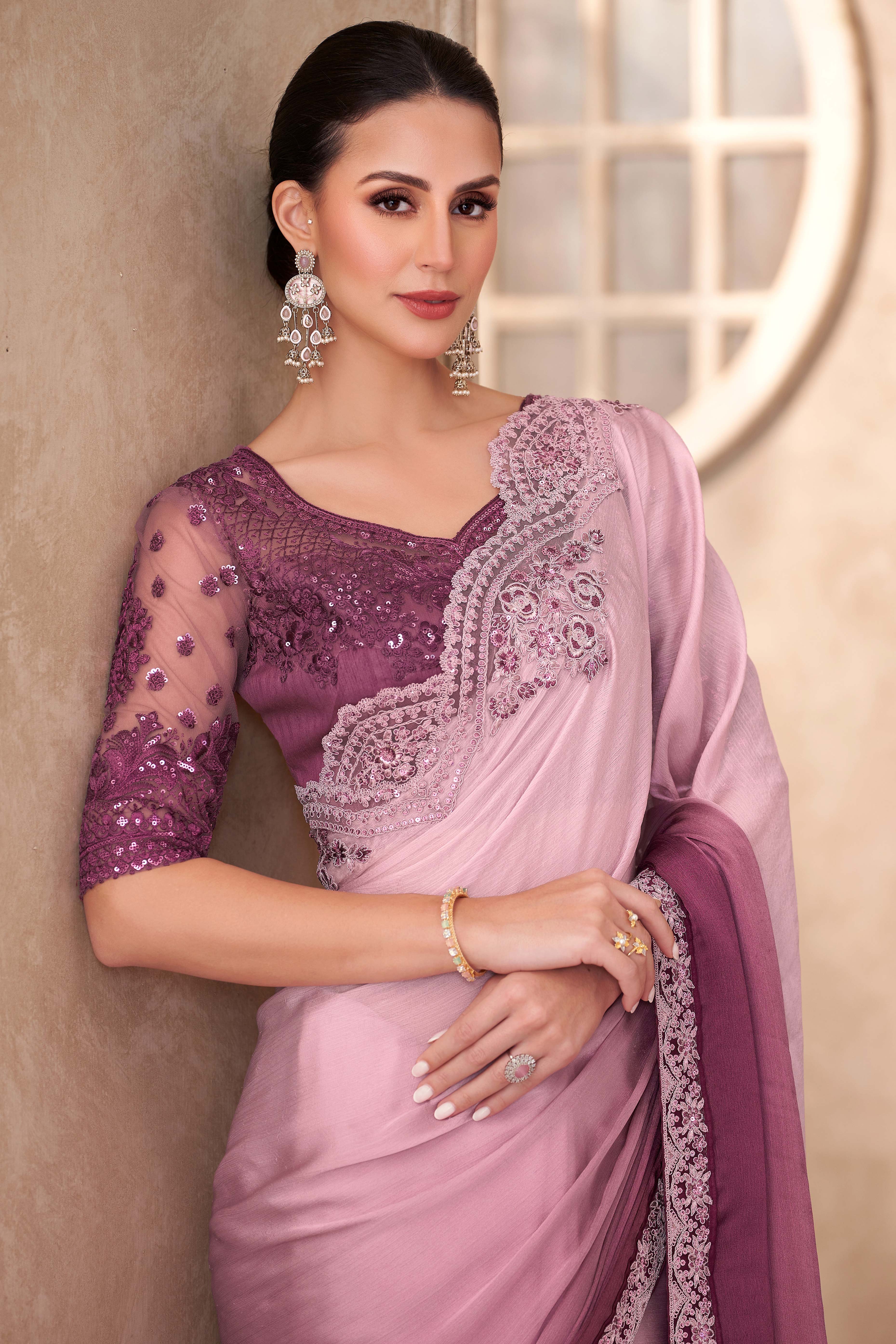 Party Perfect Pink & Wine Chiffon Saree with Shimmering Sequin and Thread Embroidery