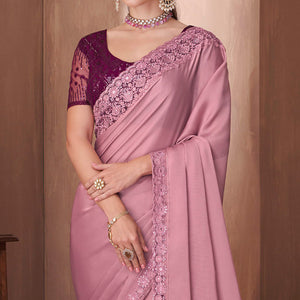 Pink Embroidered Satin Saree