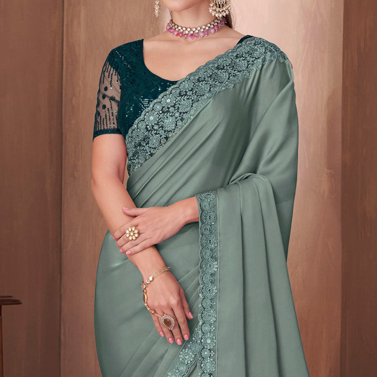 Teal Grey Embroidered Satin Saree