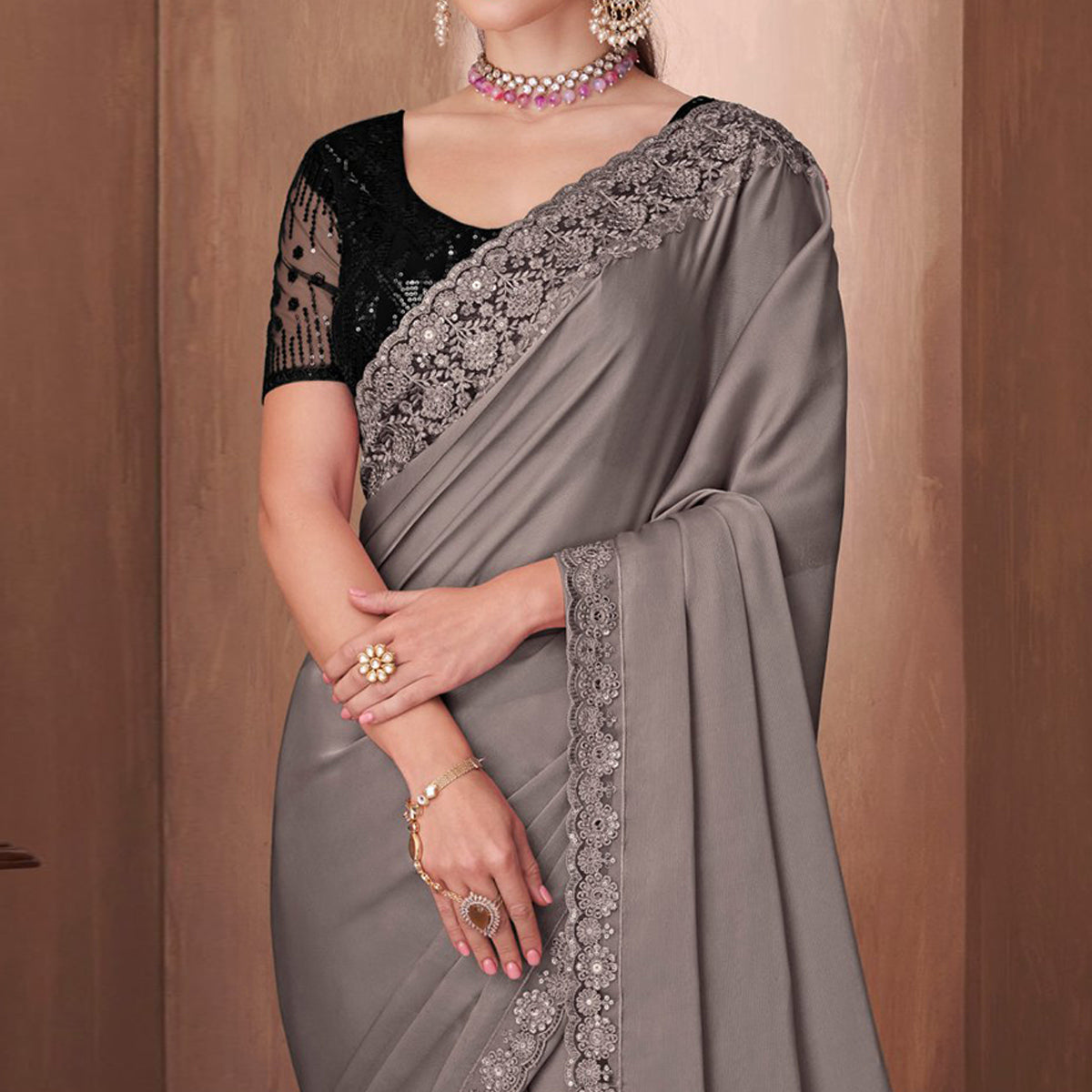 Grey Embroidered Satin Saree