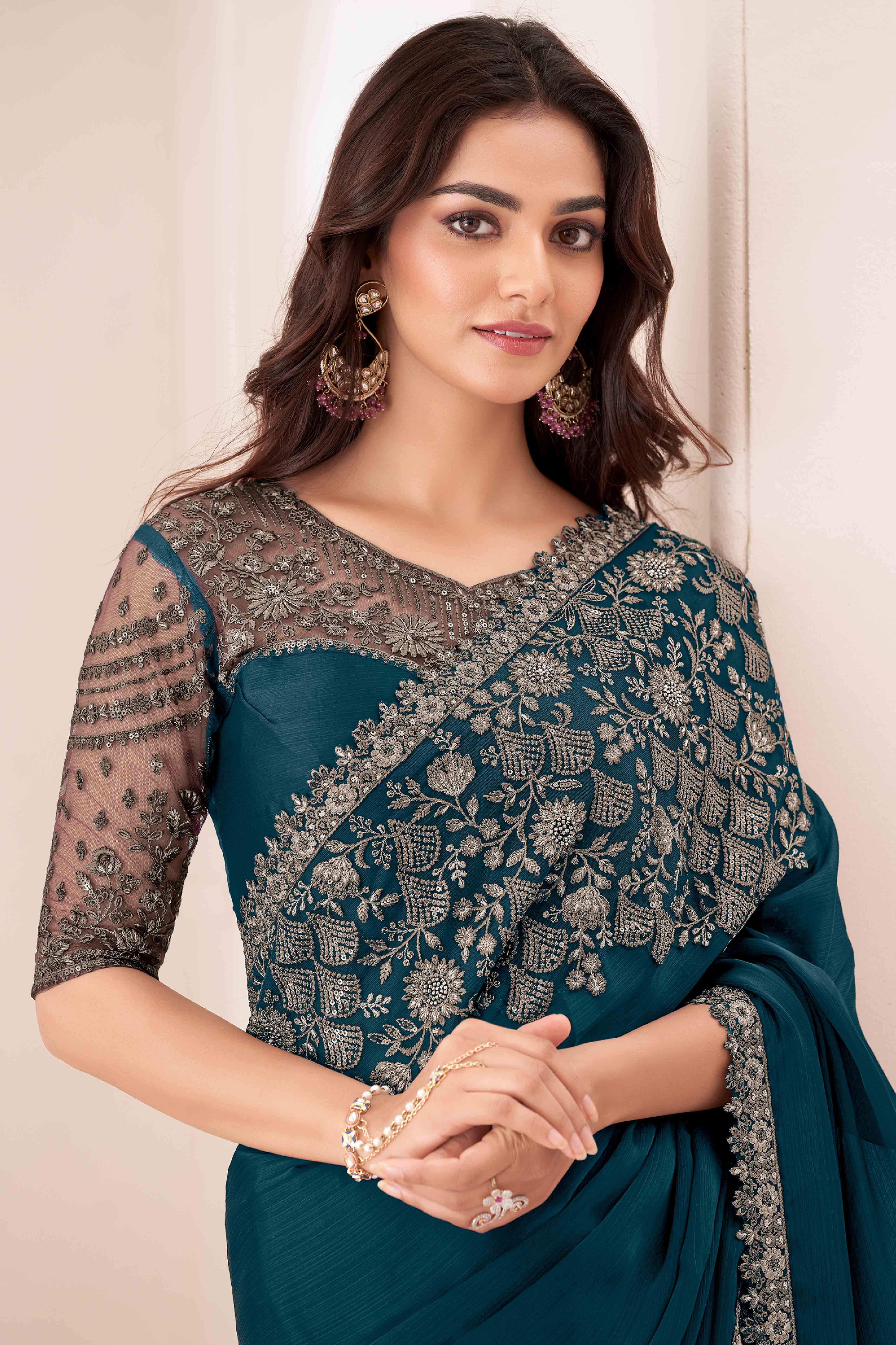 Dark Teal Sequins Embroidered Satin Saree