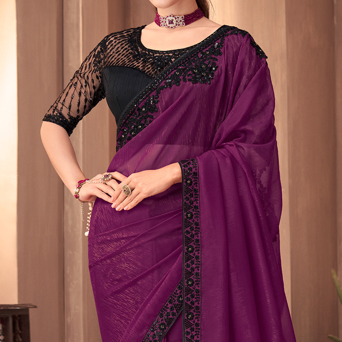 Wine Floral Embroidered Georgette Saree