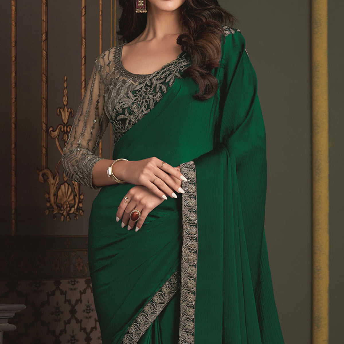 Green Embroidered Designer Satin Saree