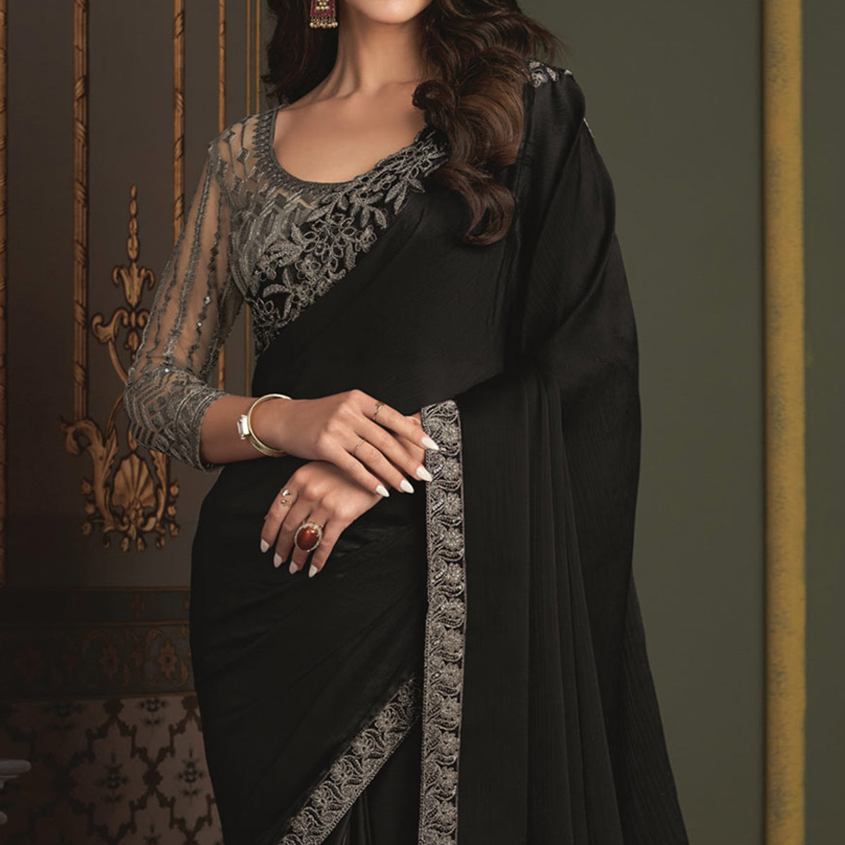 Black Embroidered Designer Satin Saree