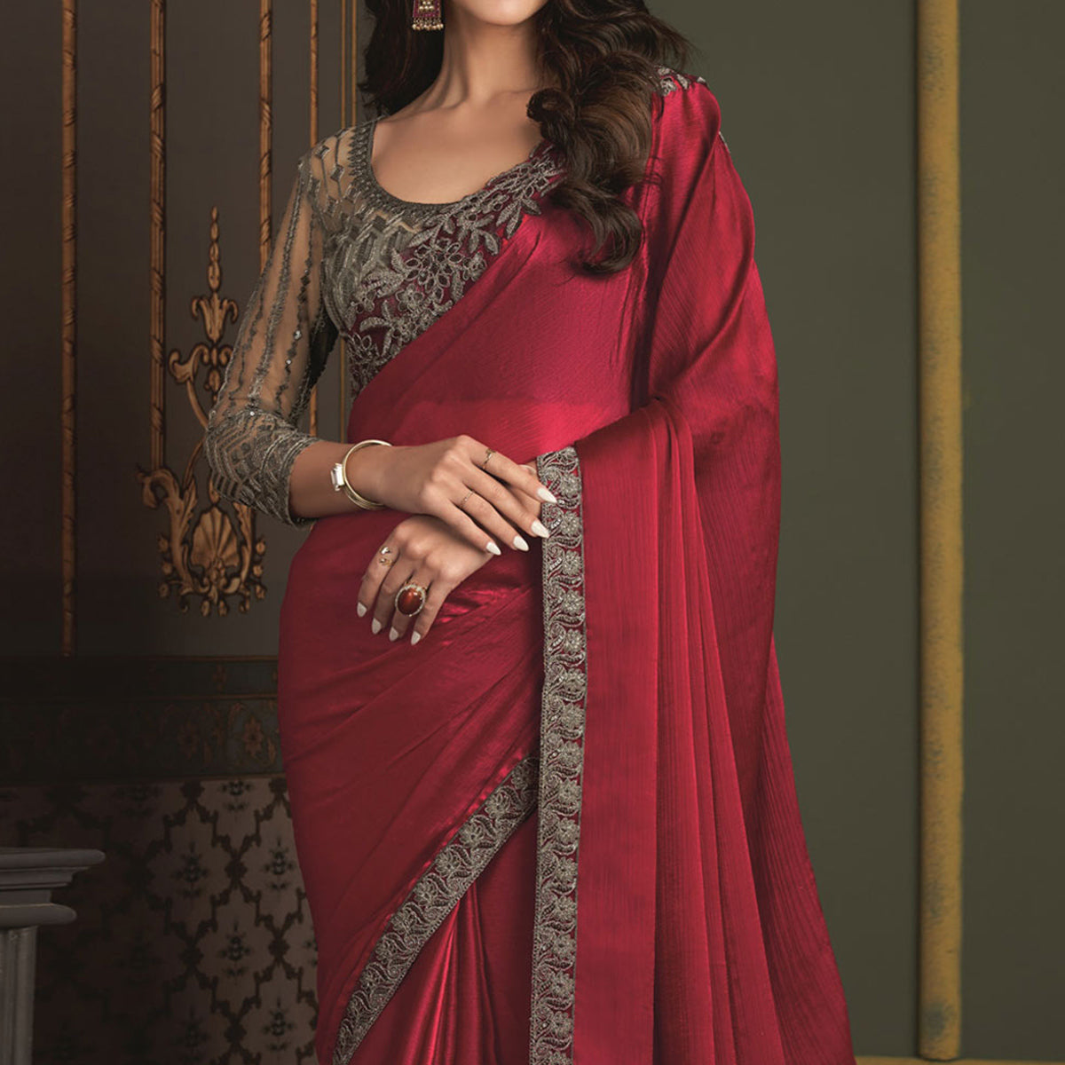 Red Embroidered Designer Satin Saree