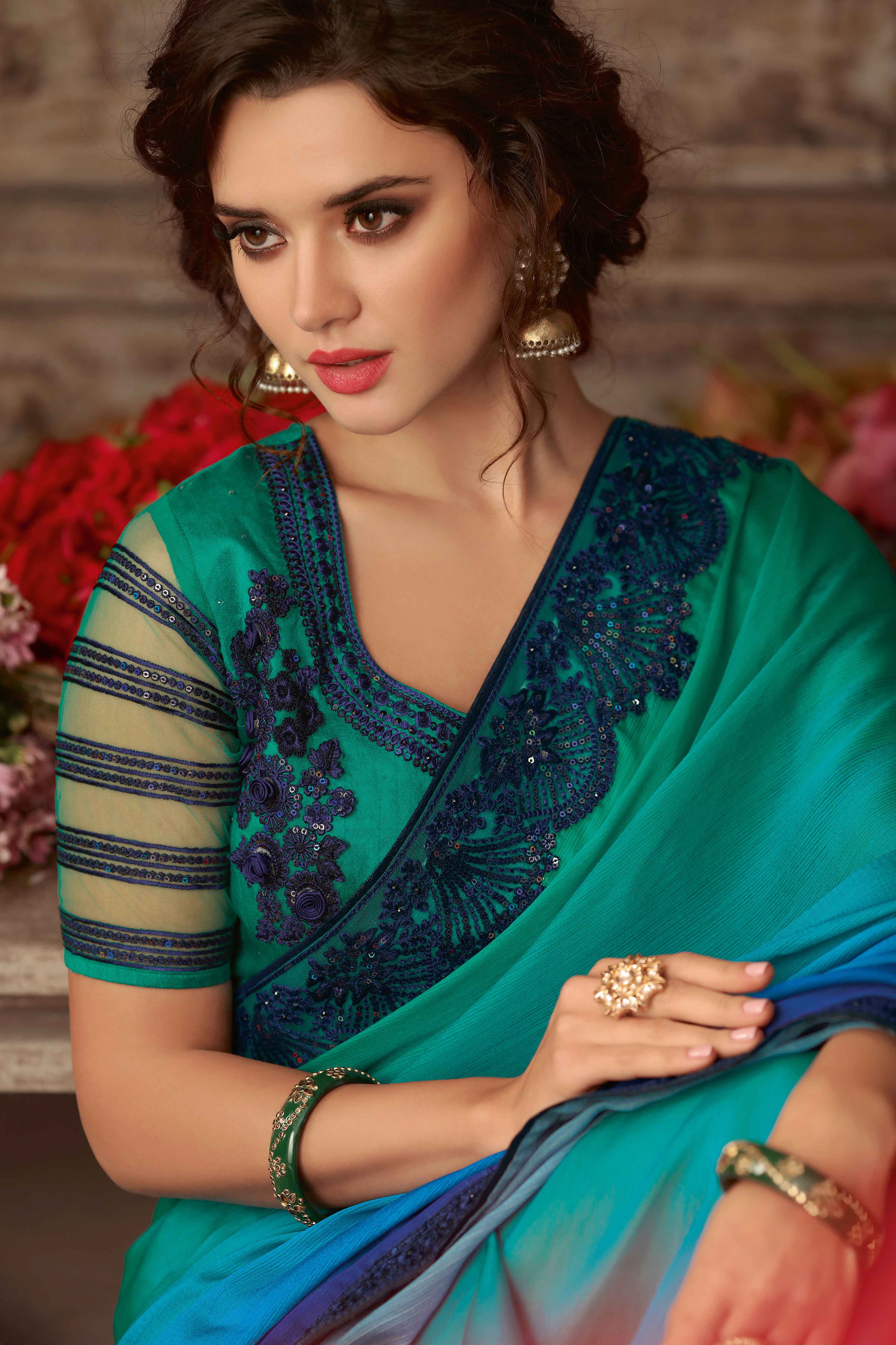 Sea Green & Blue Ombre Print With Embroidered Chiffon Saree