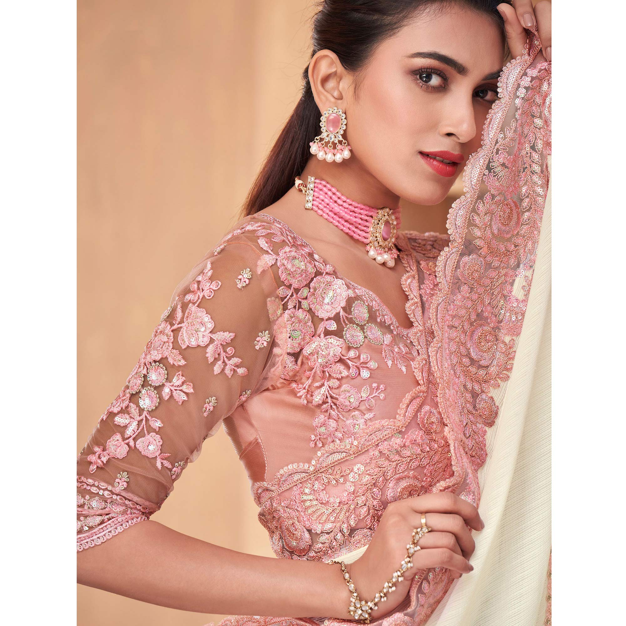 Off White Floral Embroidered Georgette Saree