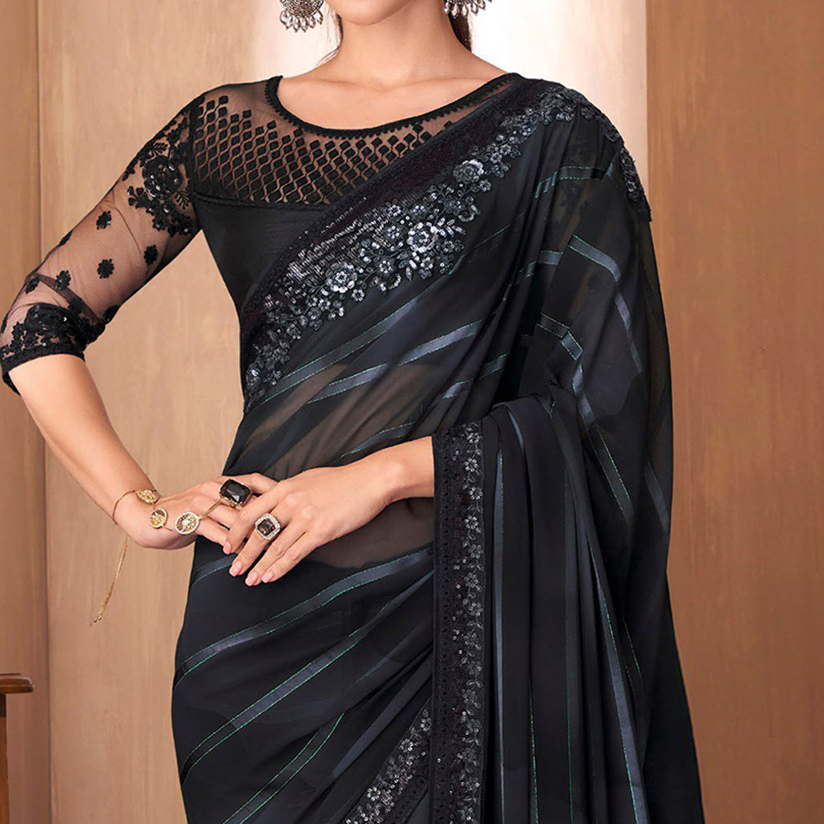Black Floral Embroidered Georgette Saree