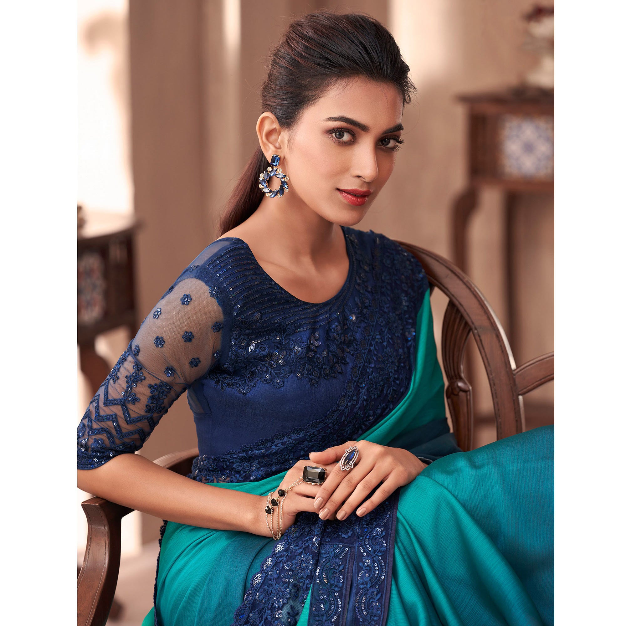 Peacock Green Floral Embroidered Georgette Saree