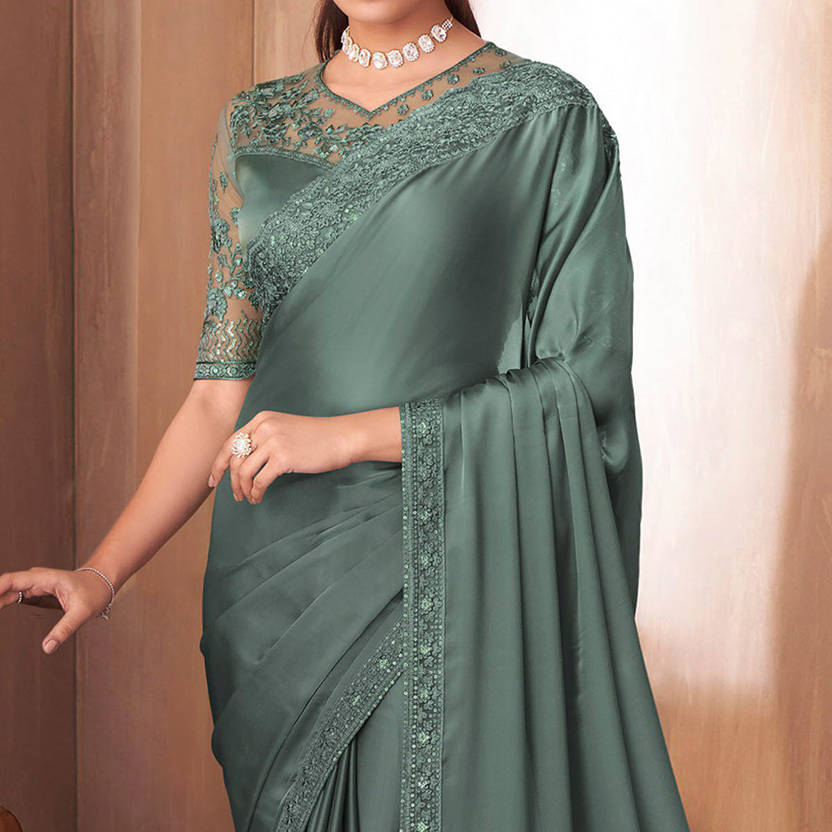 Teal Grey Floral Embroidered Georgette Saree