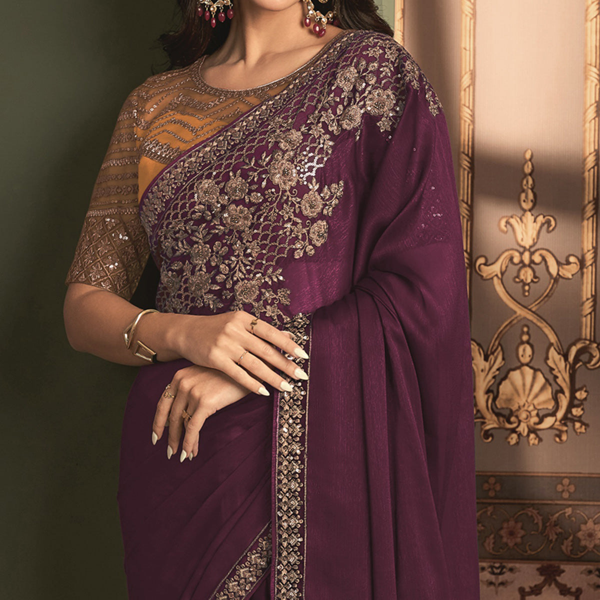 Purple Floral Sequins Embroidered Satin Saree
