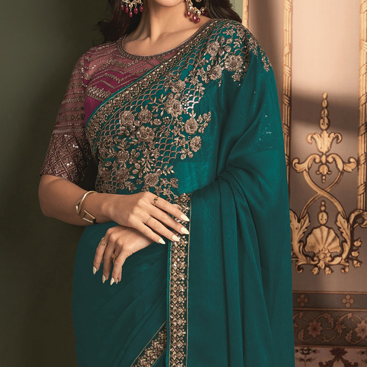 Teal Floral Sequins Embroidered Satin Saree