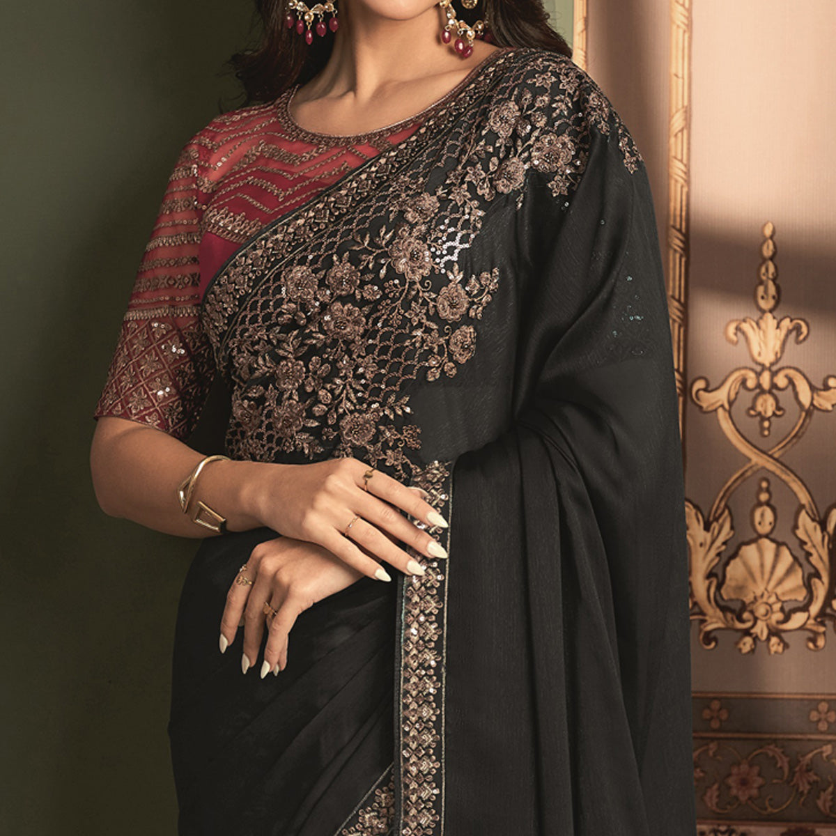 Black Floral Sequins Embroidered Satin Saree
