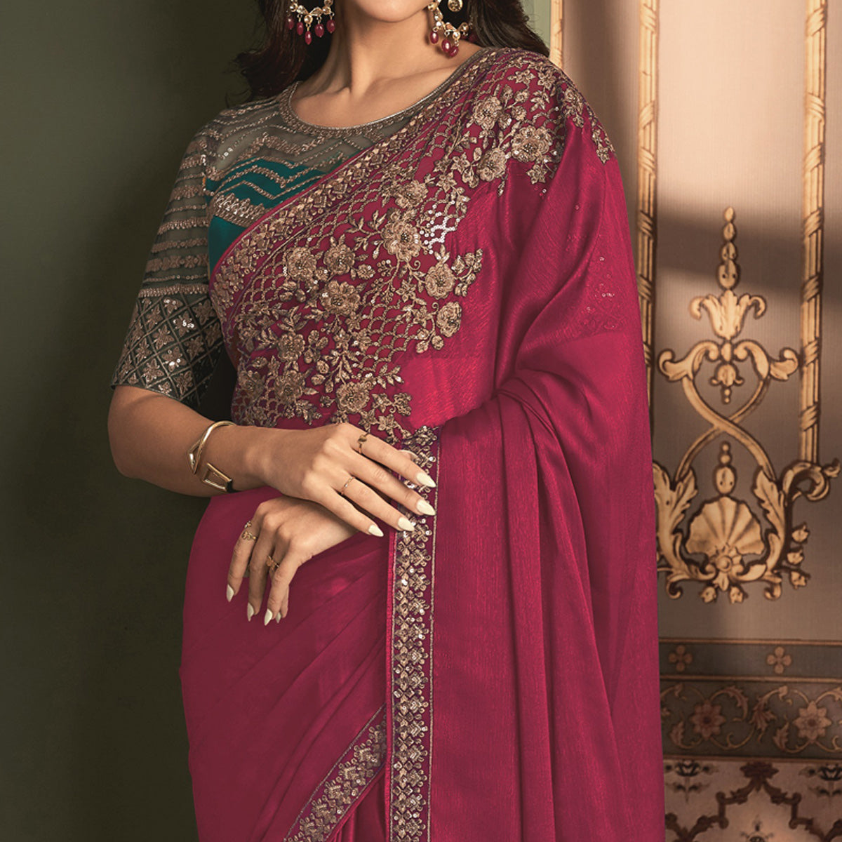 Pink Floral Sequins Embroidered Satin Saree