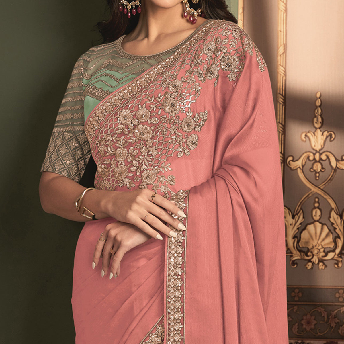 Peach Floral Sequins Embroidered Satin Saree