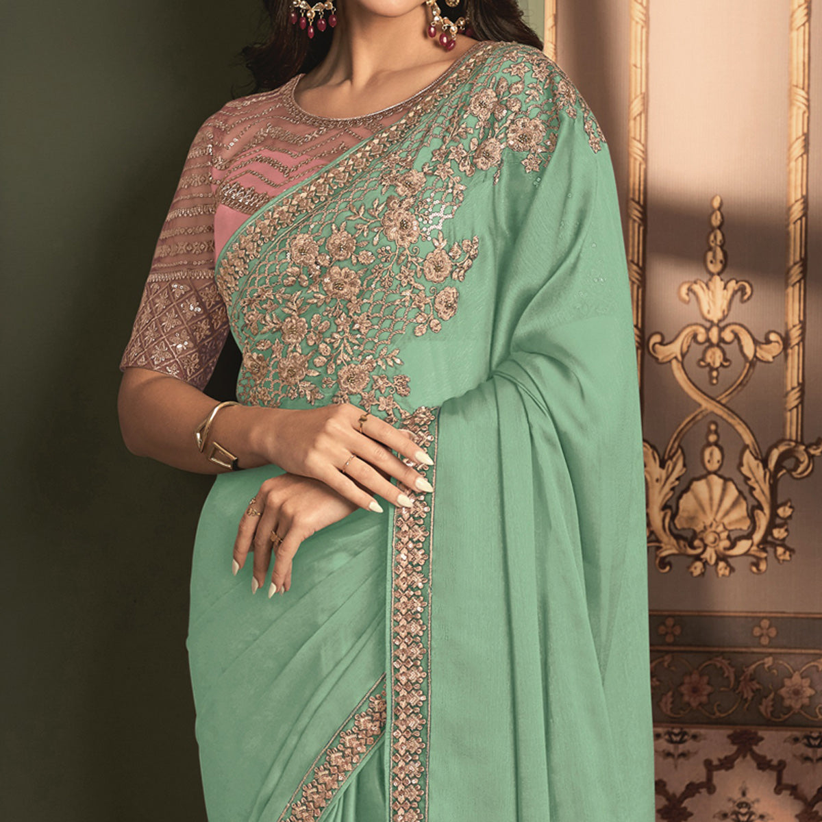 Sea Green Floral Sequins Embroidered Satin Saree