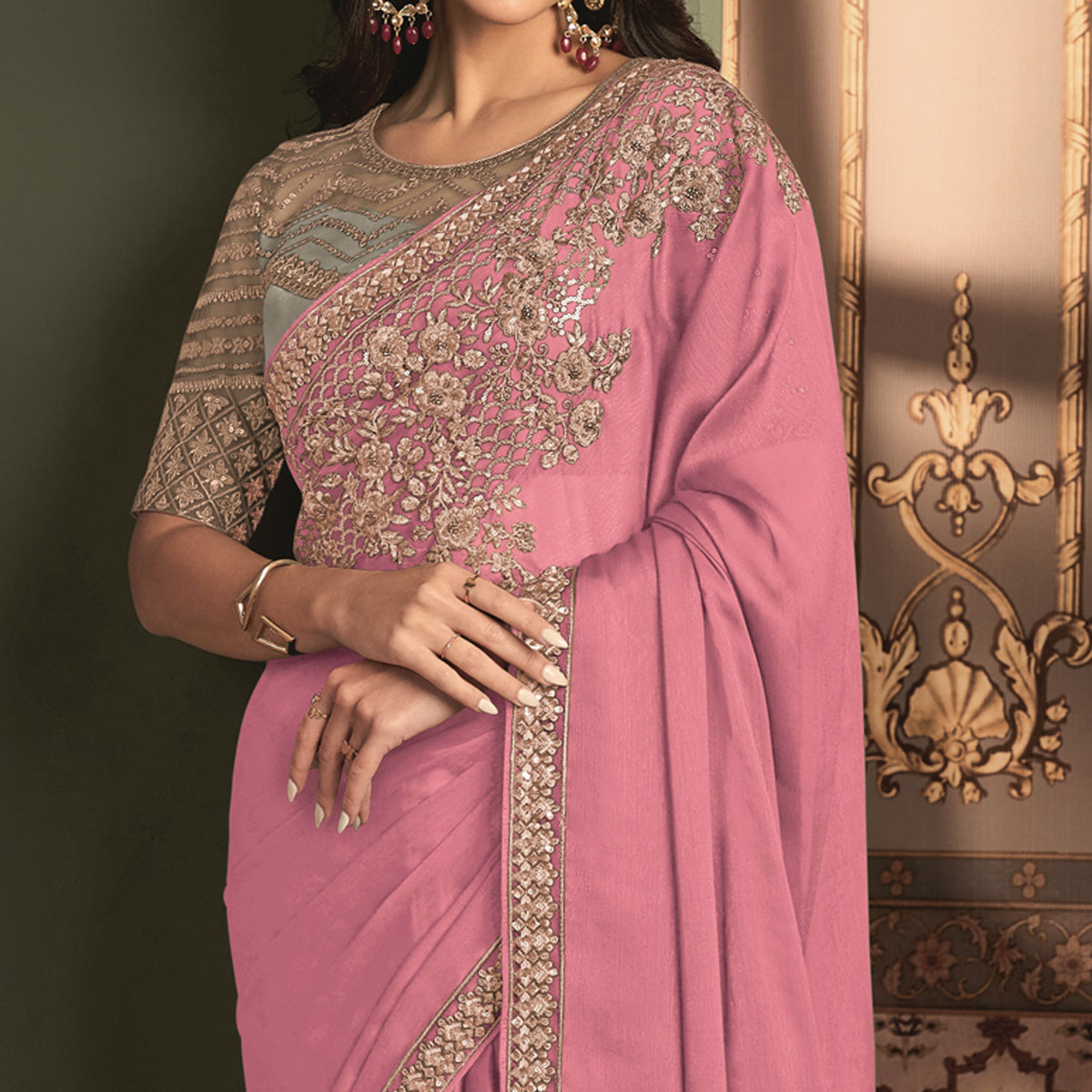 Pink Floral Sequins Embroidered Satin Saree
