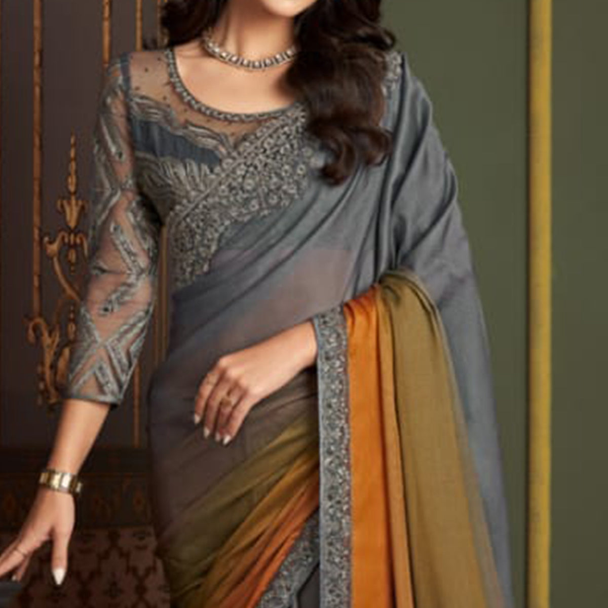 Grey & Mustard Embroidered Chiffon Ombre Saree