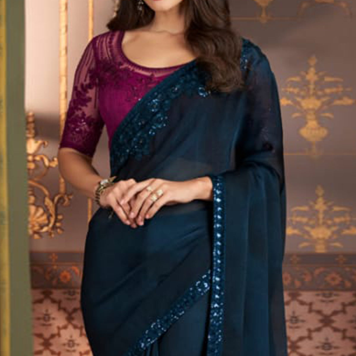 Teal Blue Embroidered Satin Saree