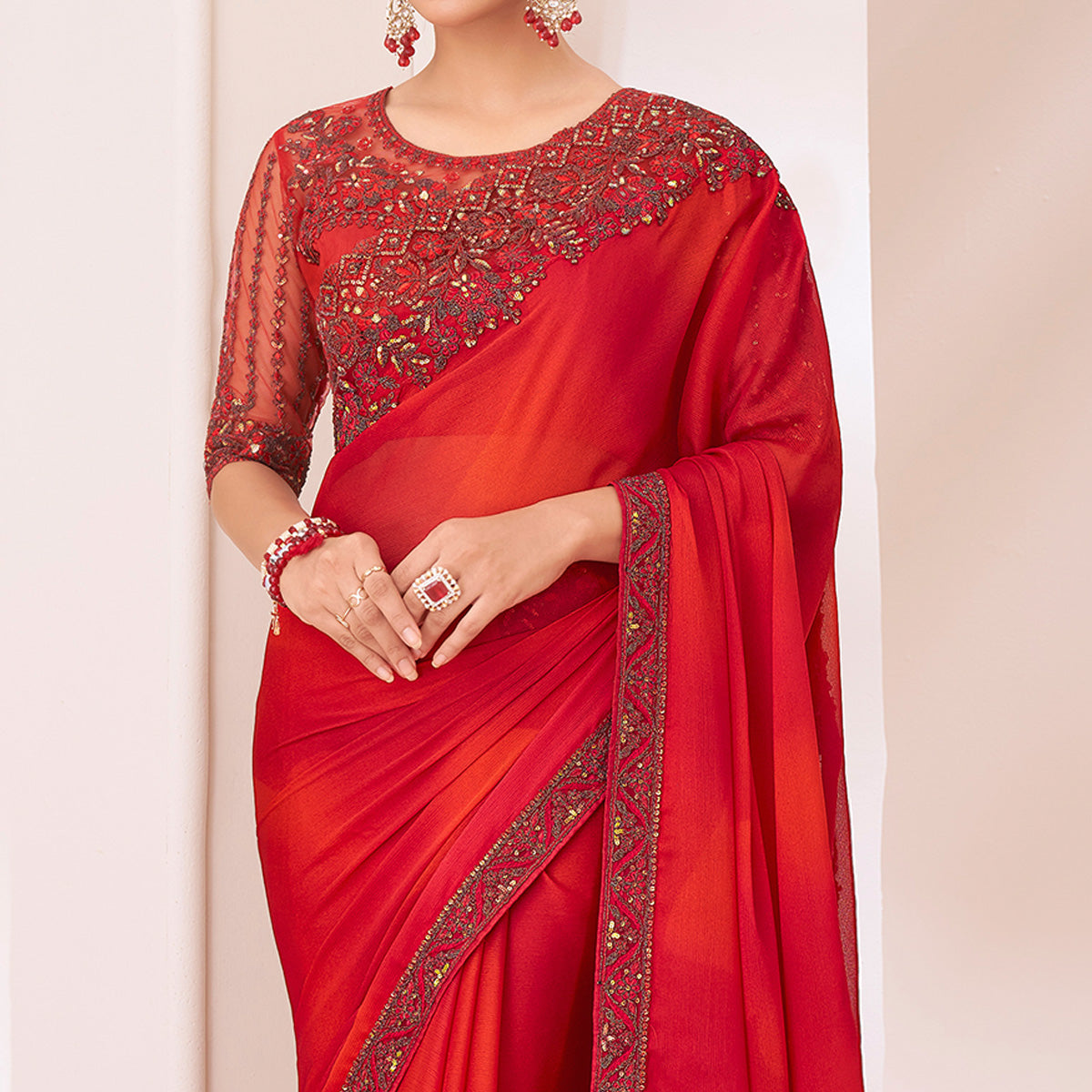 Red Embroidered Chiffon Saree