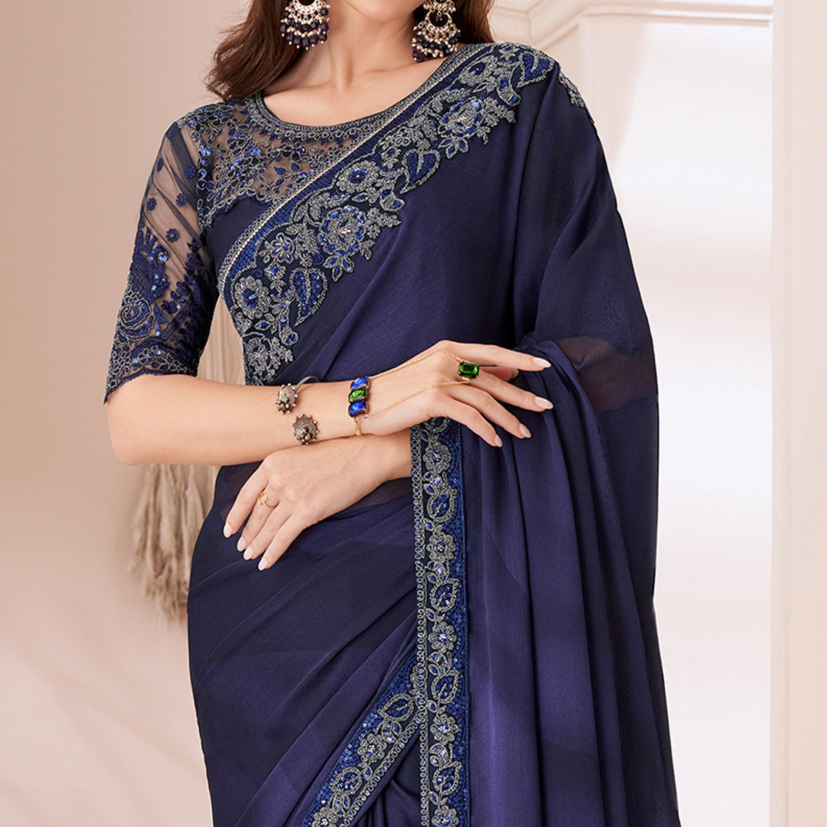 Blue Embroidered Chiffon Saree