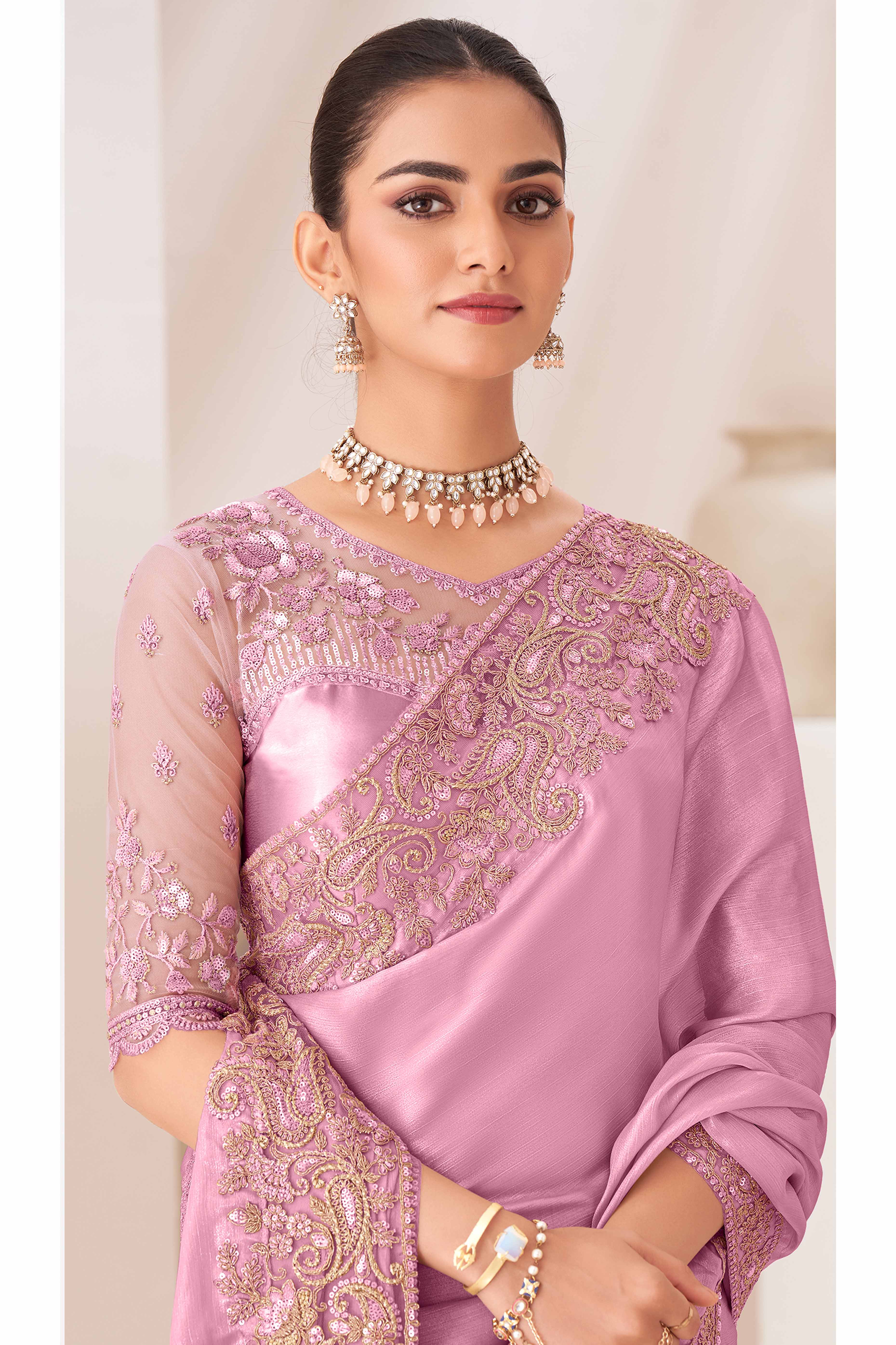 Pink Floral Sequins Embroidered Chiffon Saree