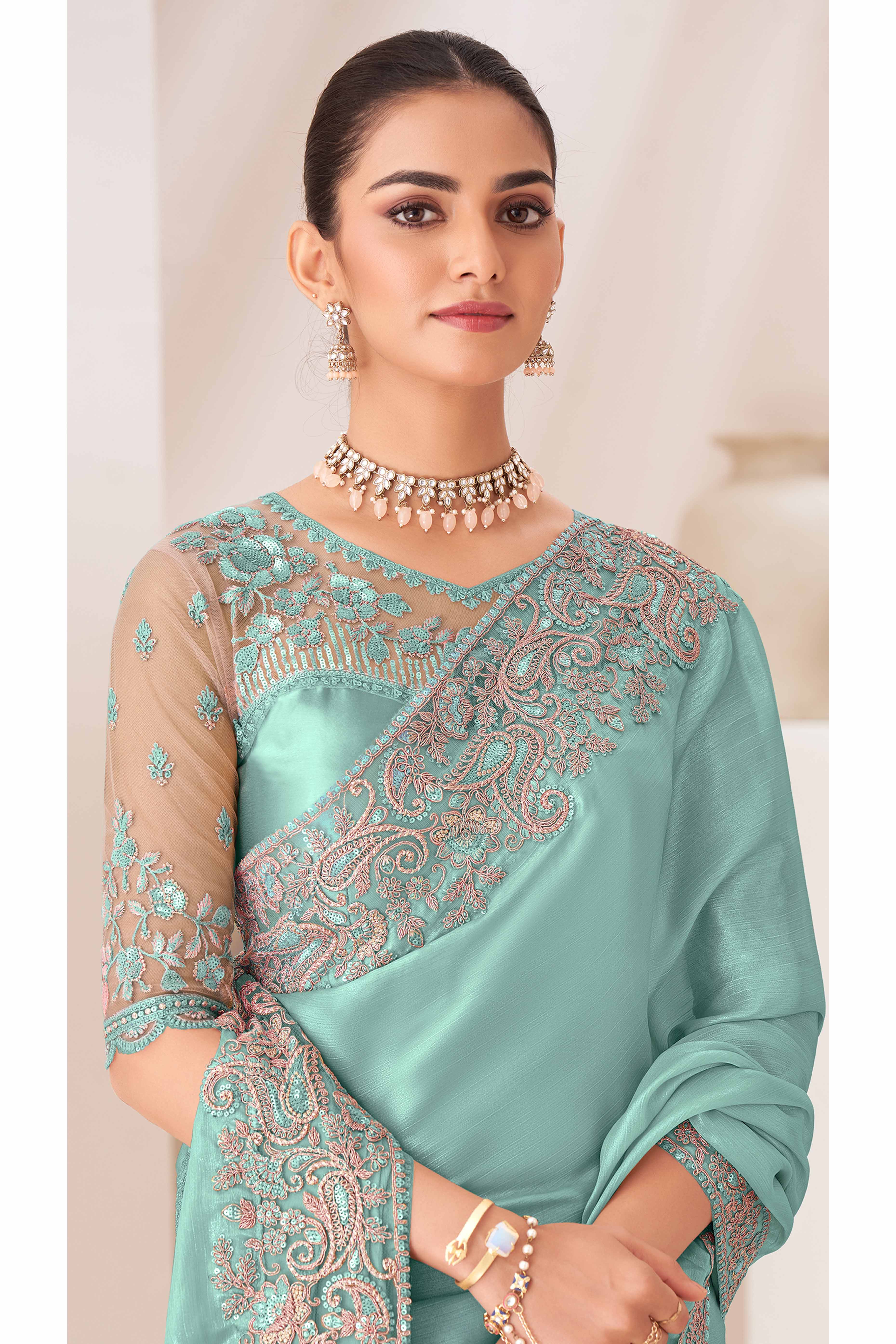 Turquoise Floral Sequins Embroidered Chiffon Saree