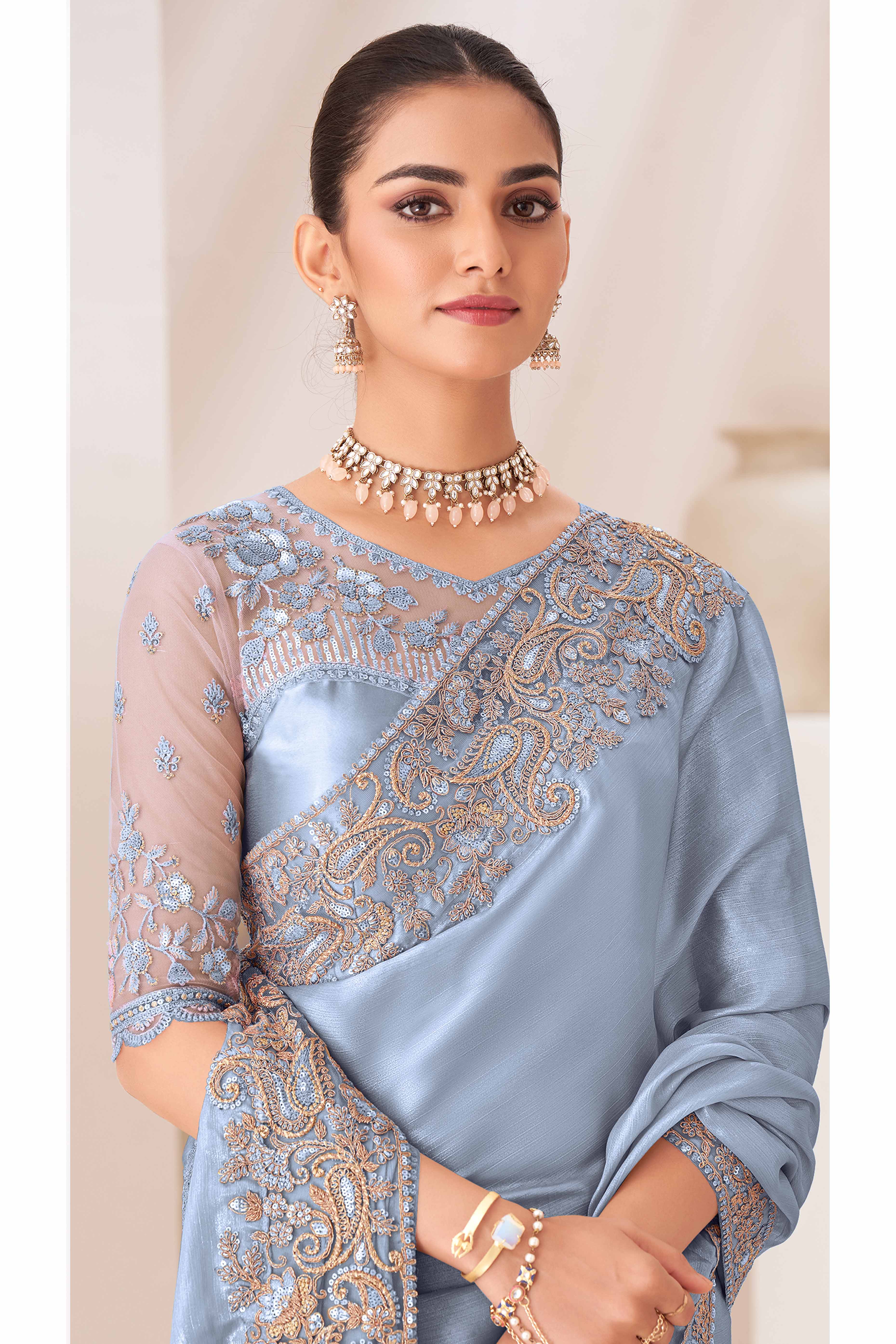 Grey Floral Sequins Embroidered Chiffon Saree
